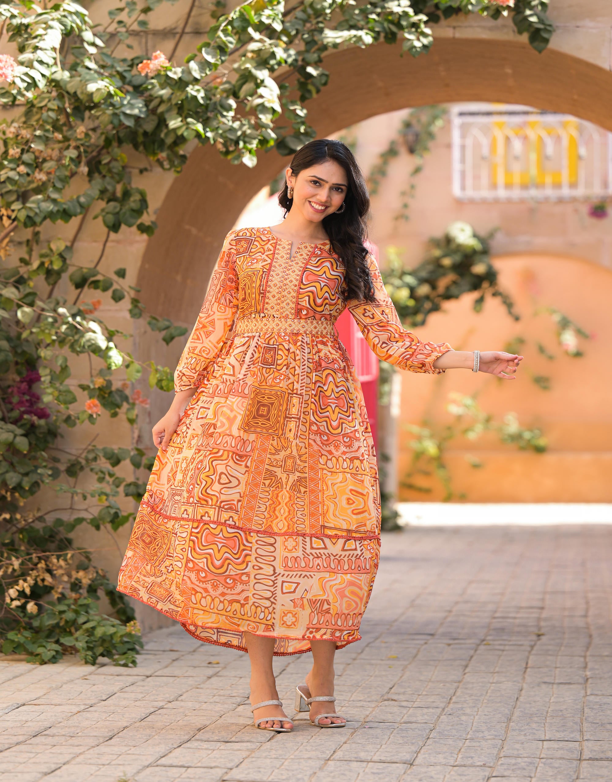 Orange Abstract Printed Chiffon Long Dress With Belt