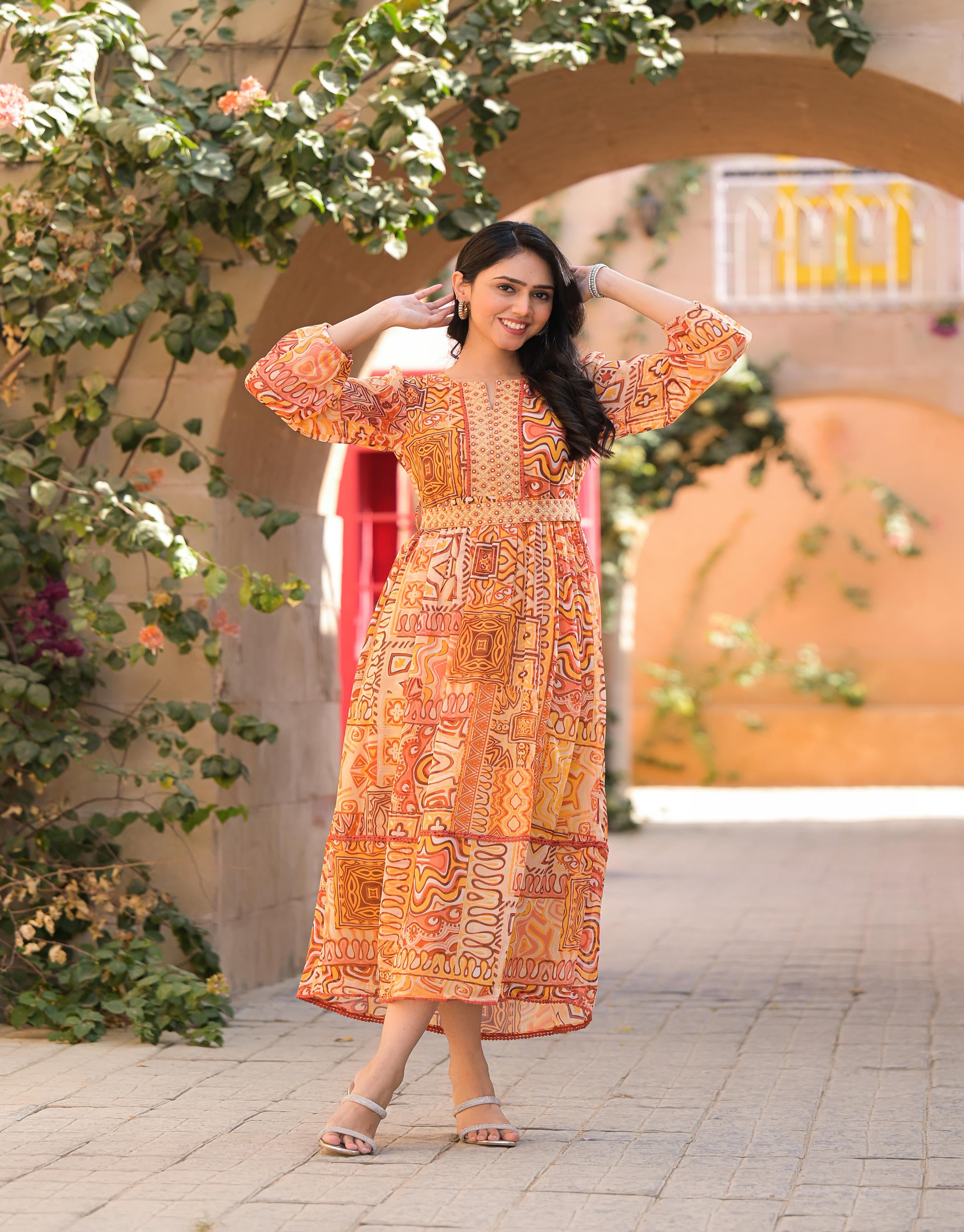 Orange Abstract Printed Chiffon Long Dress With Belt