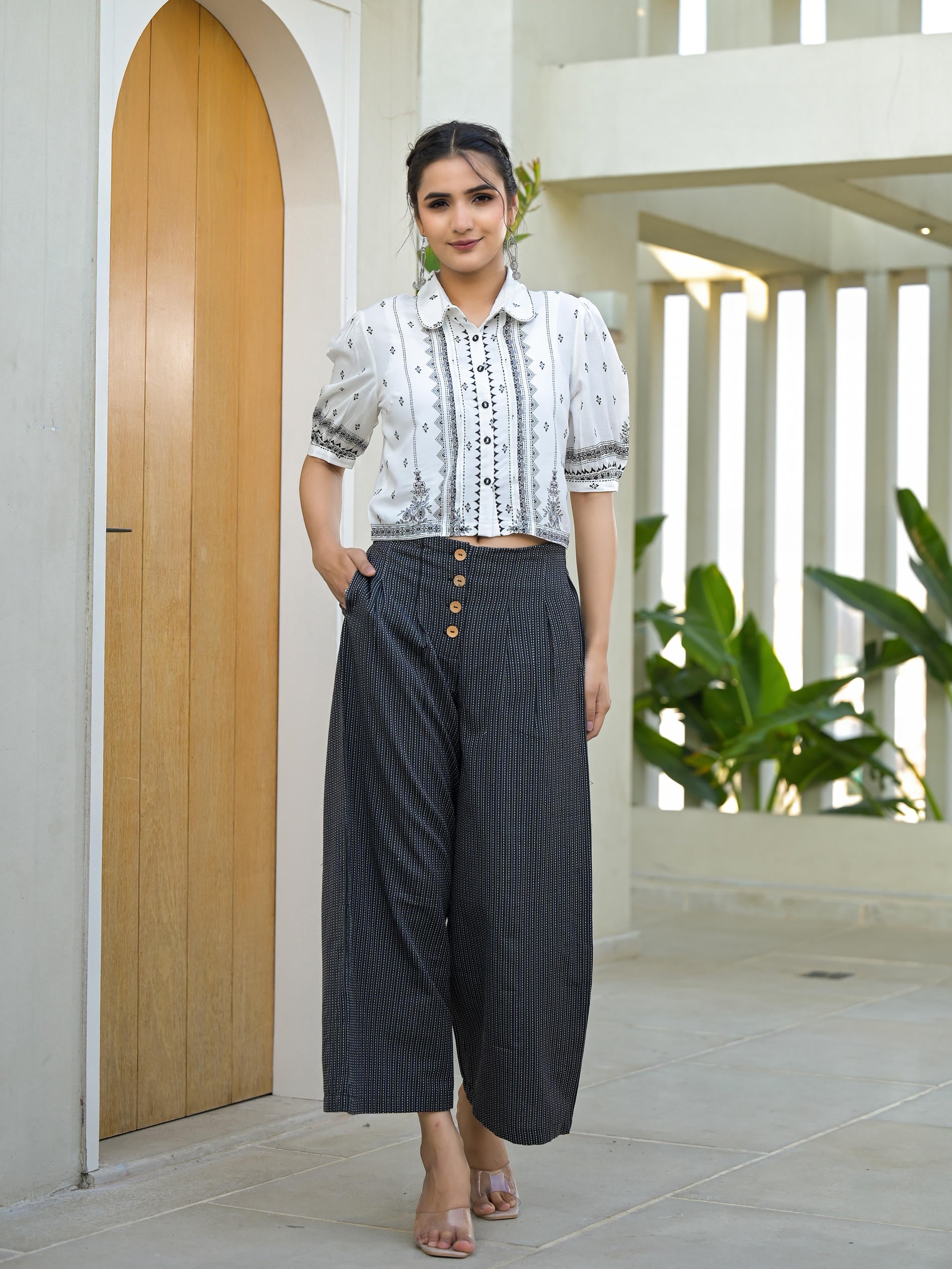 White Printed Crop Shirt with Charcoal Pinstriped Culottes Set