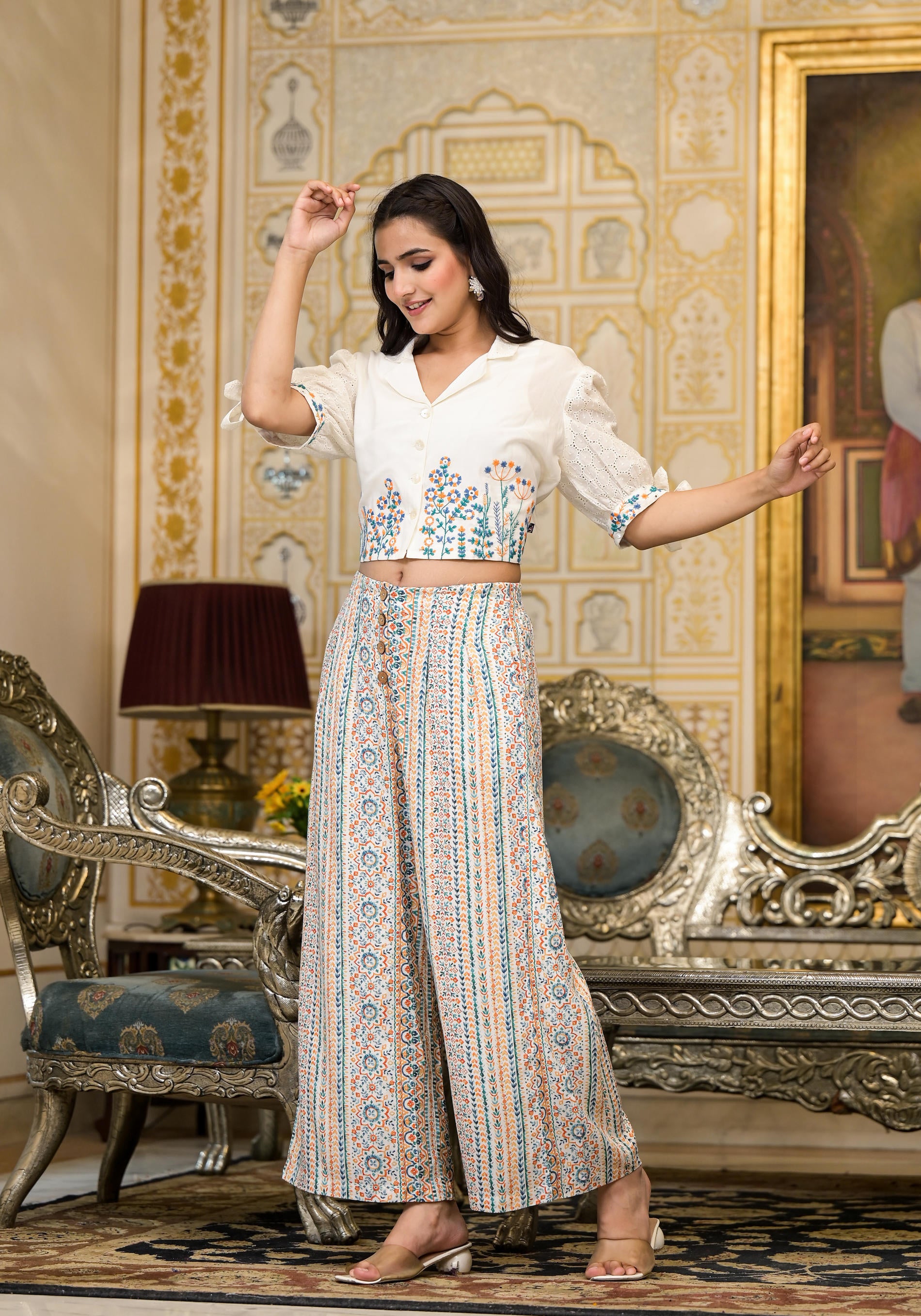 White Floral Embroidered Crop Shirt with Pastel Printed Palazzo Set
