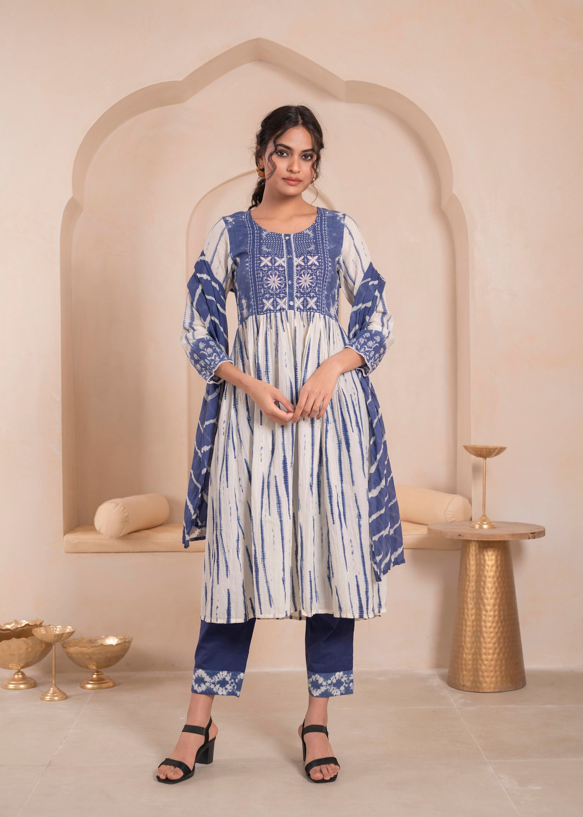Navy blue and white kurta , solid bottom and tie -dye dupatta with cotton lace , buttons , sequince