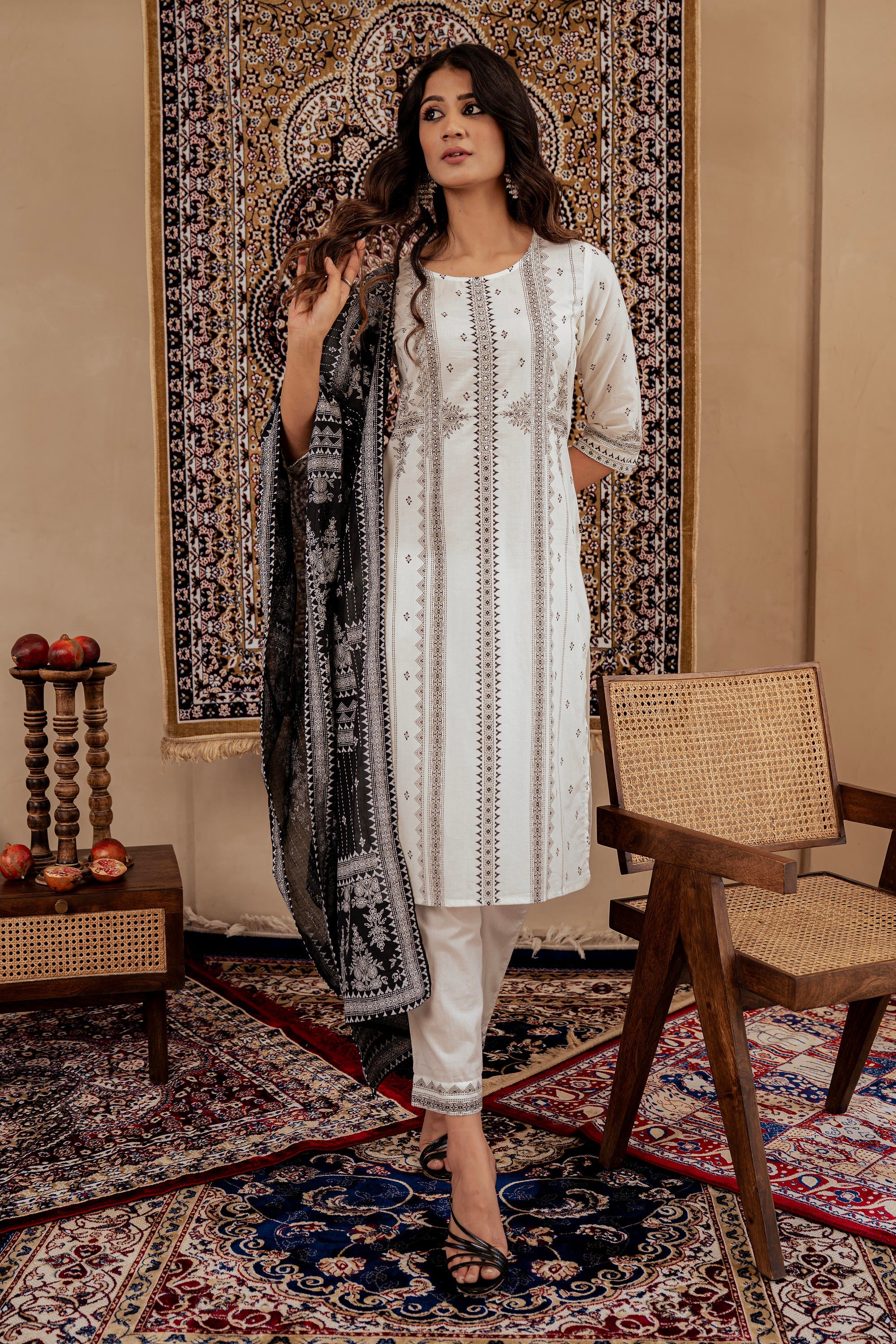 Black & White Geometric Printed Cotton Kurta with Palazzo & Printed Dupatta