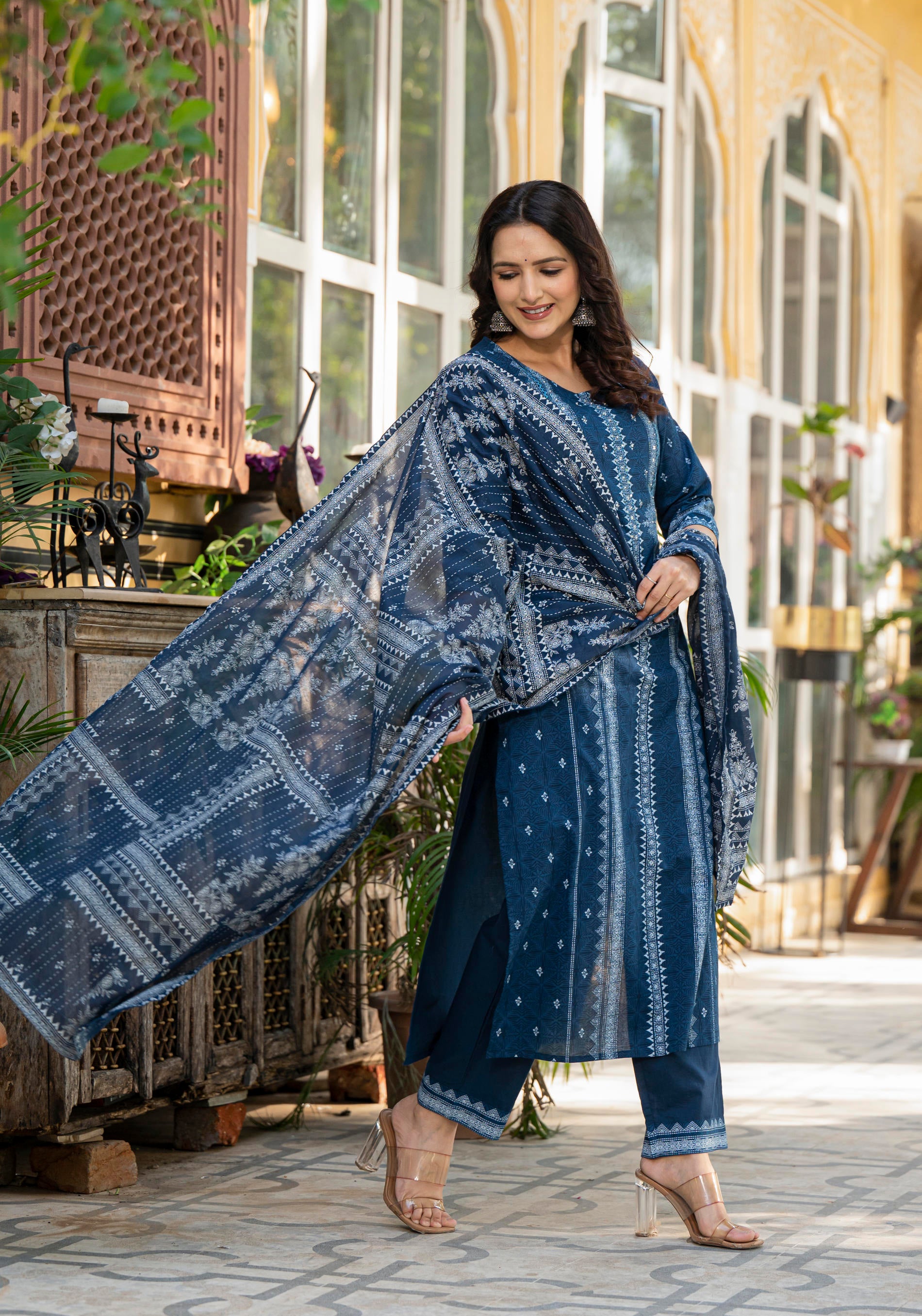Indigo Blue Printed  Kurta Set with Dupatta