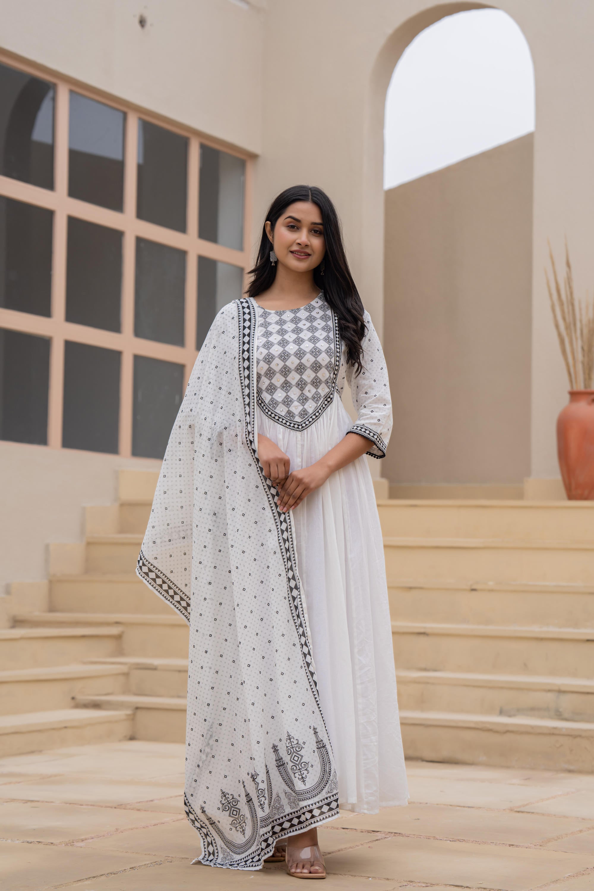 White Anarkali Dress with Embroidered Dupatta