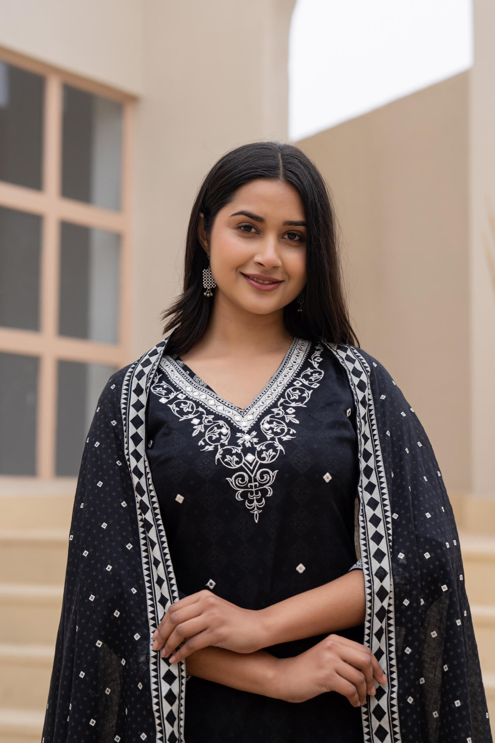 Black Printed Cotton Kurta Set with Embroidered Neckline & Dupatta