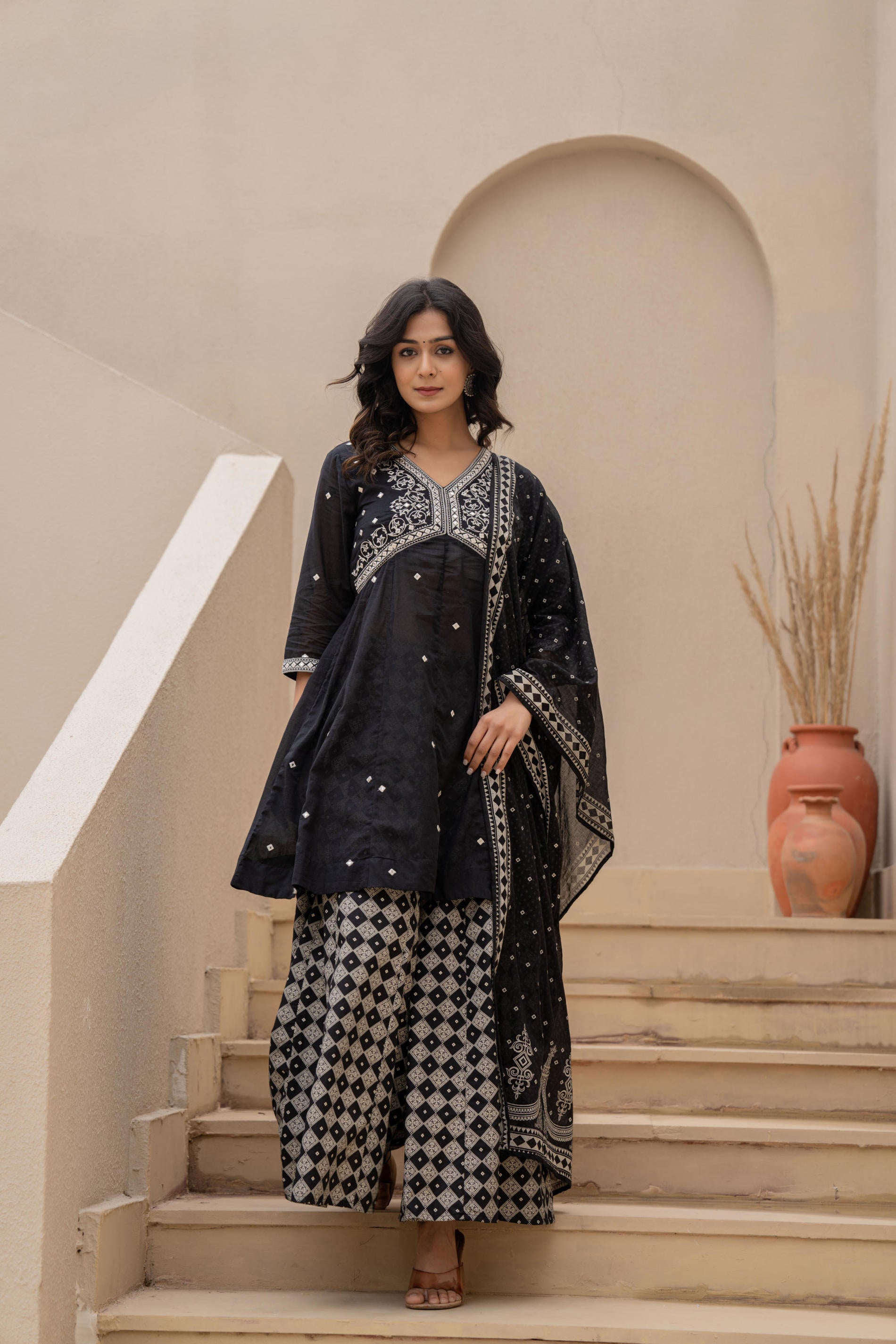 Black Kurta Set with Heavy Embroidered Neck and Printed Palazzo