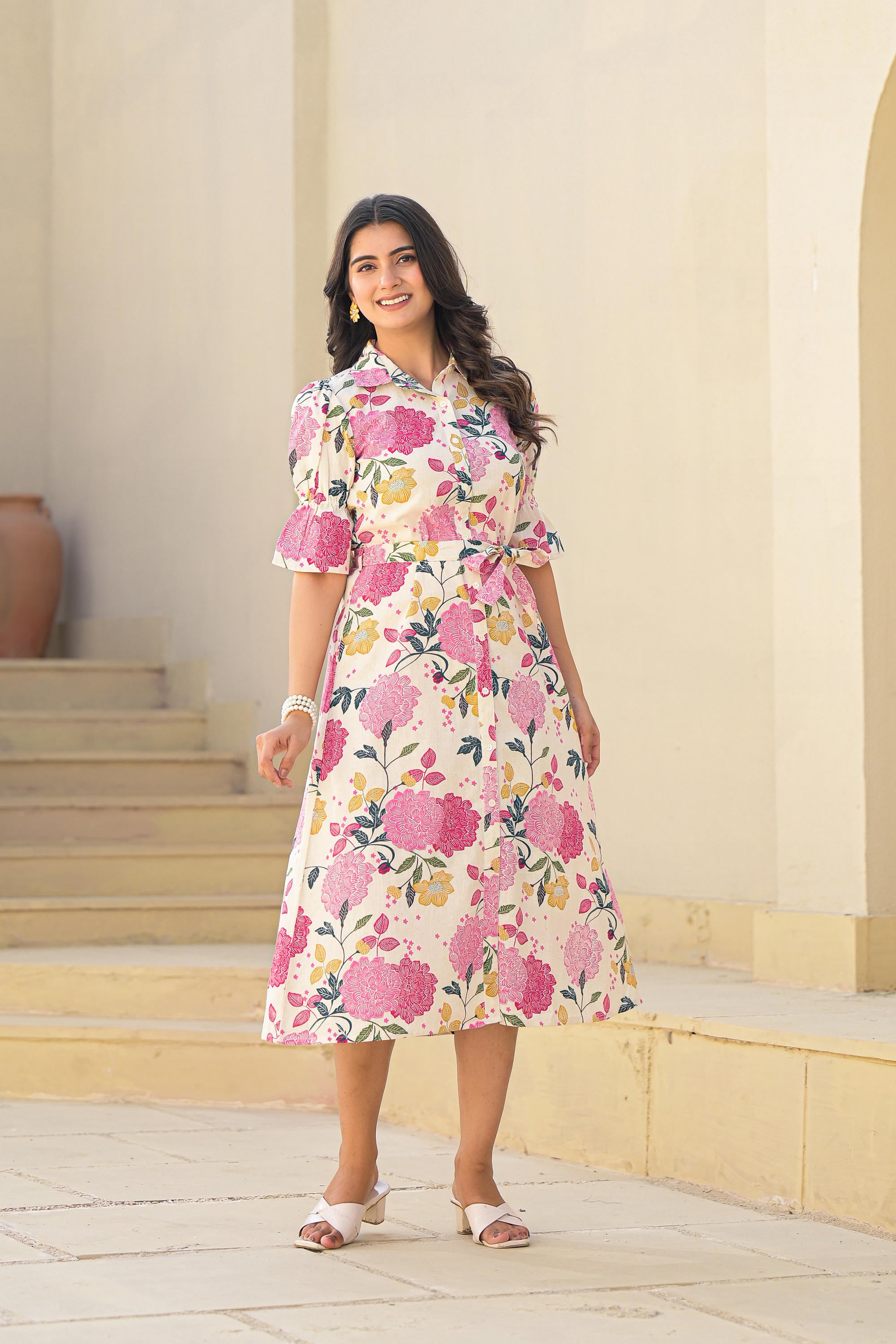 Pink Floral Printed Cotton Long Dress With Belt