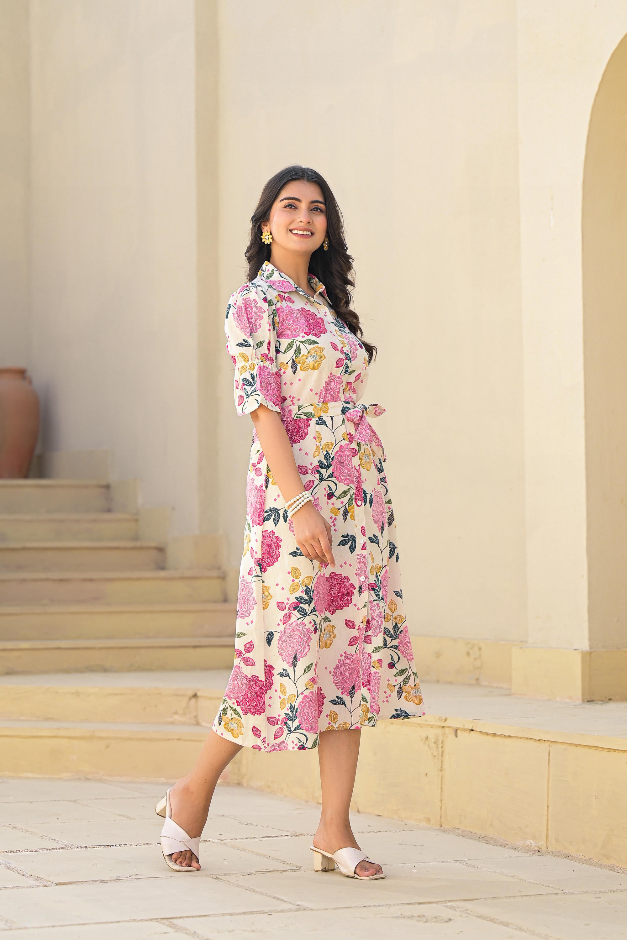 Pink Floral Printed Cotton Long Dress With Belt