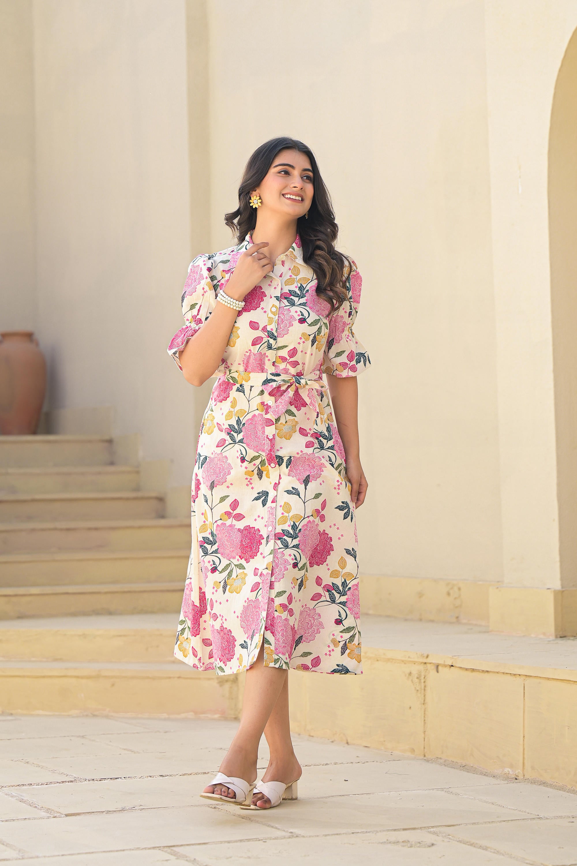 Pink Floral Printed Cotton Long Dress With Belt