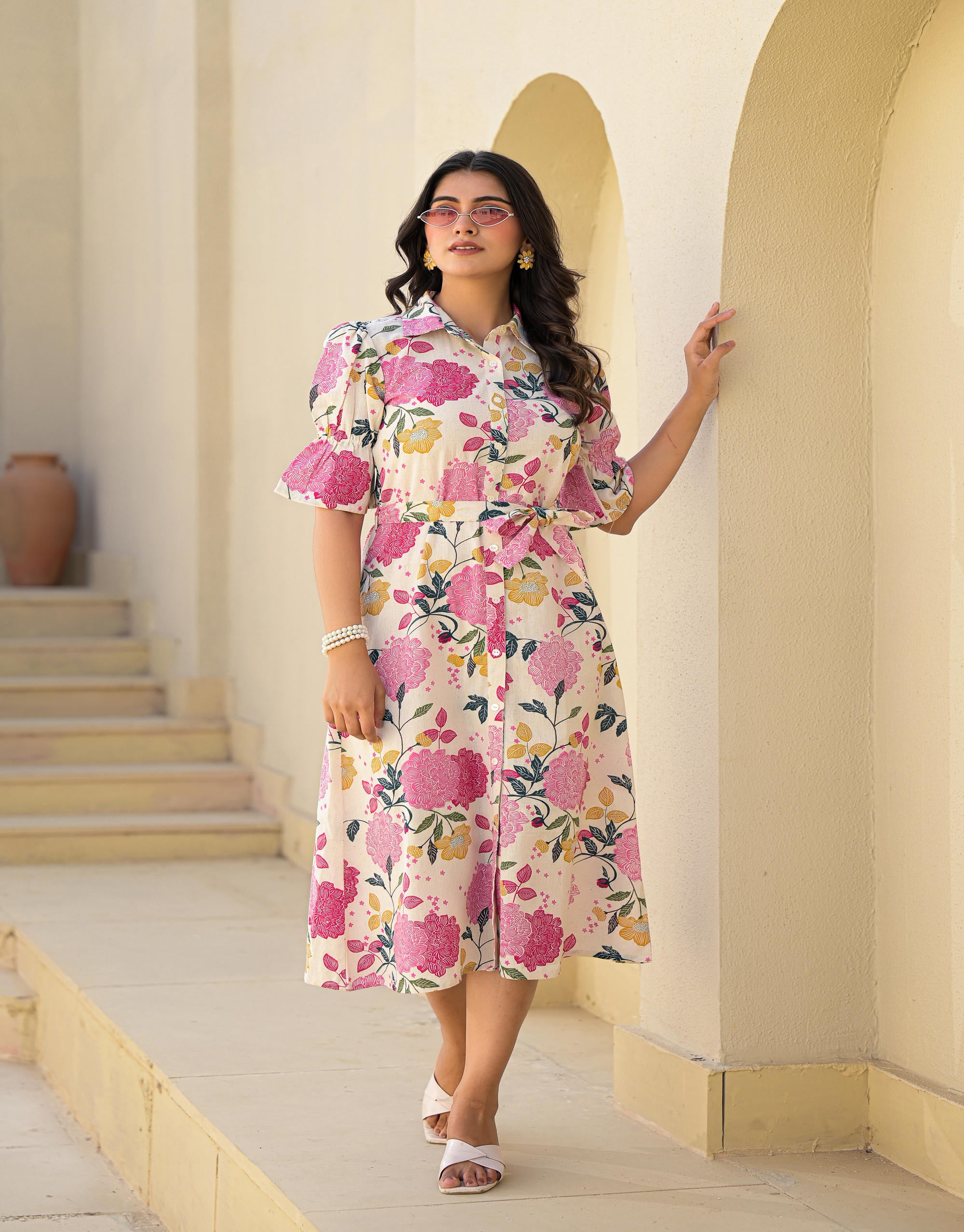 Pink Floral Printed Cotton Long Dress With Belt