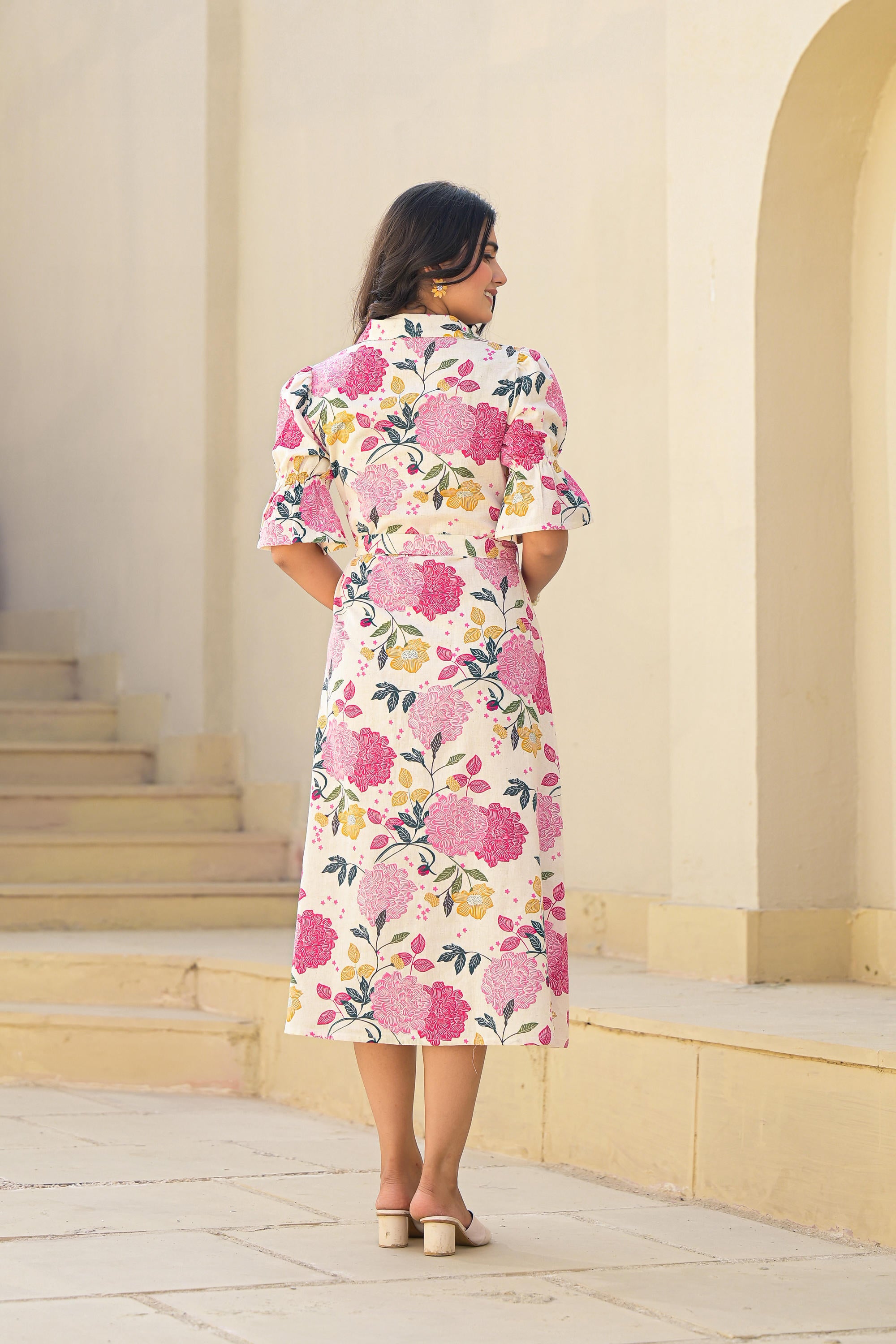 Pink Floral Printed Cotton Long Dress With Belt