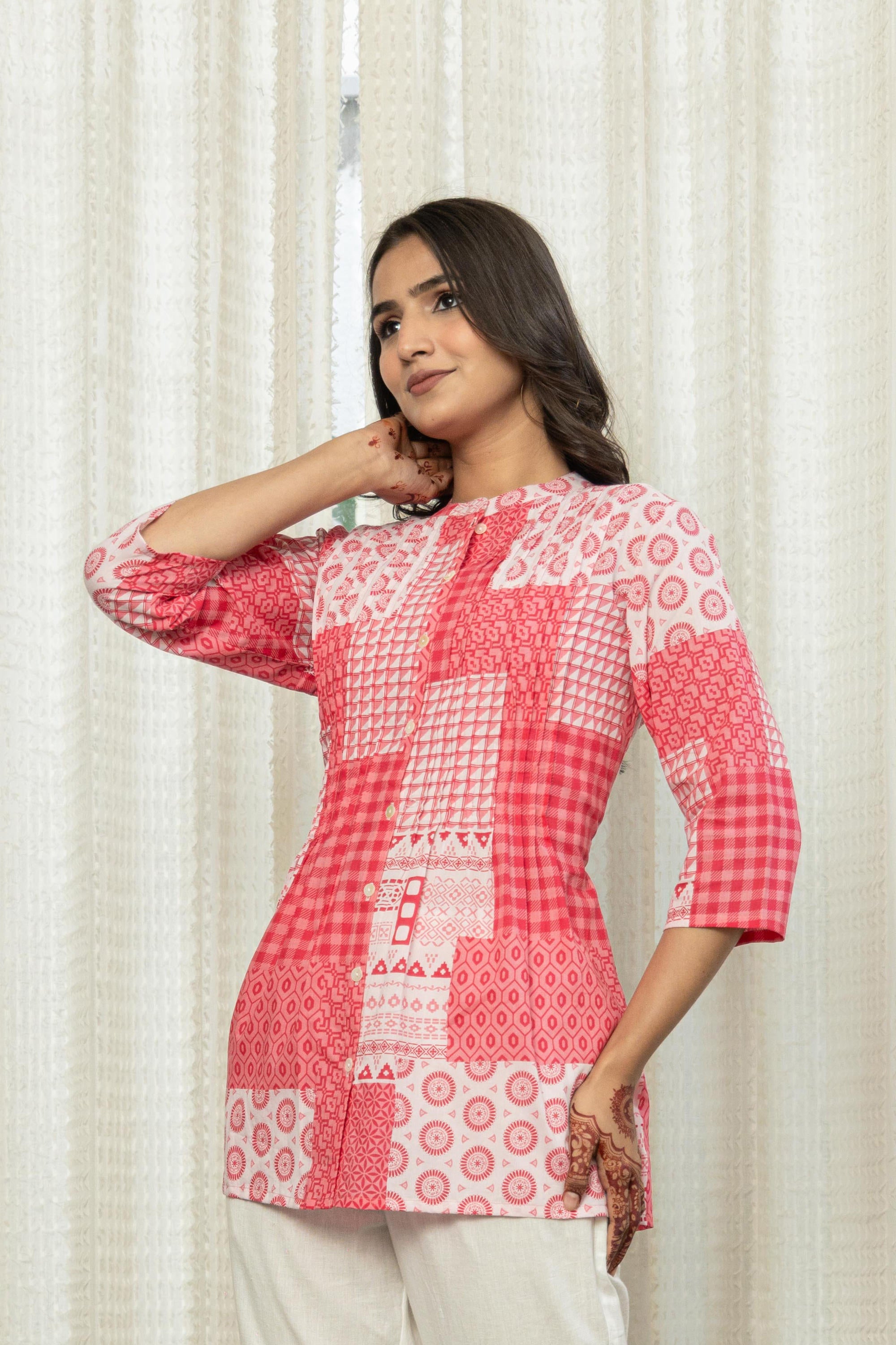 Pink Geometric Printed Cotton Tunic With Buttons