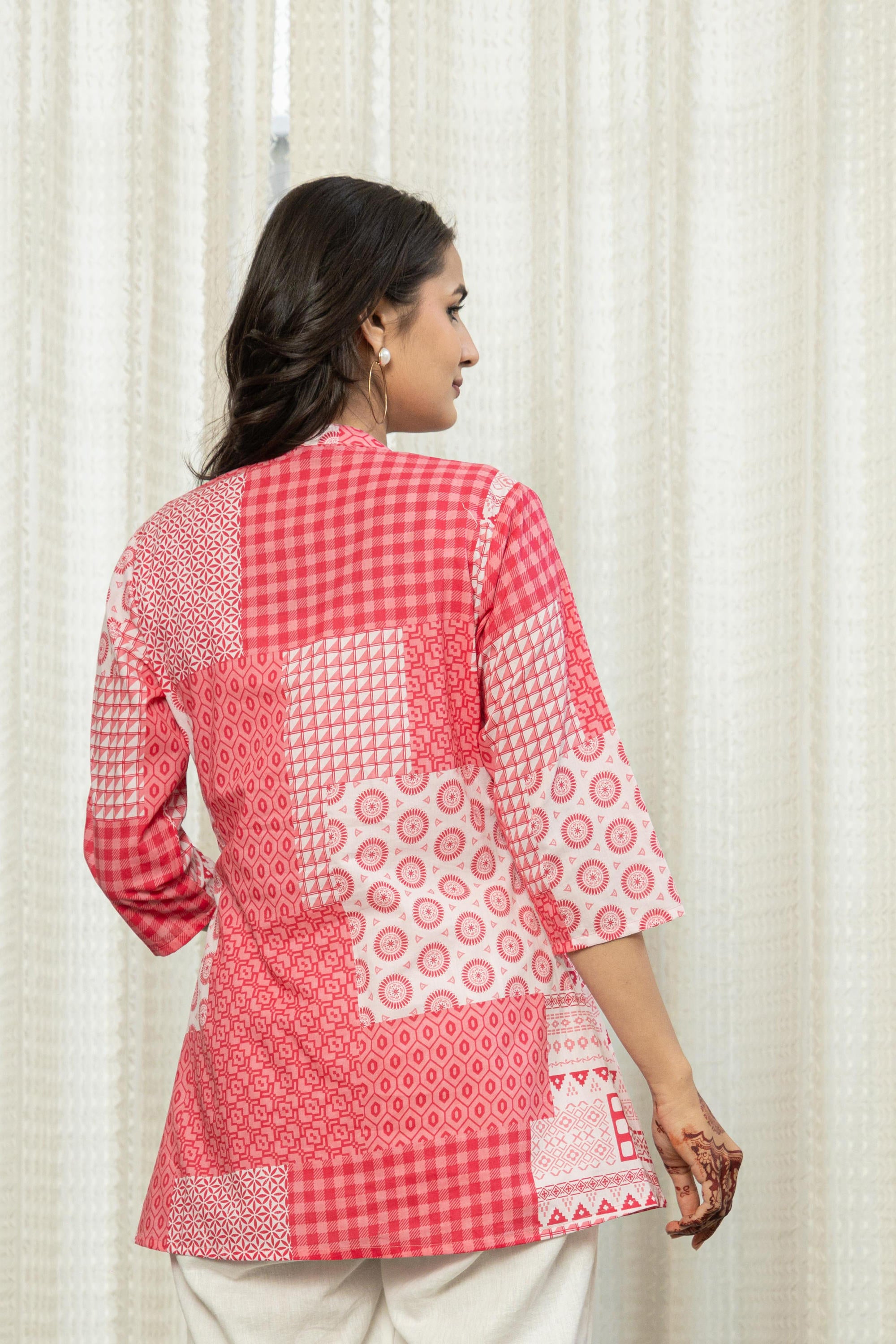 Pink Geometric Printed Cotton Tunic With Buttons