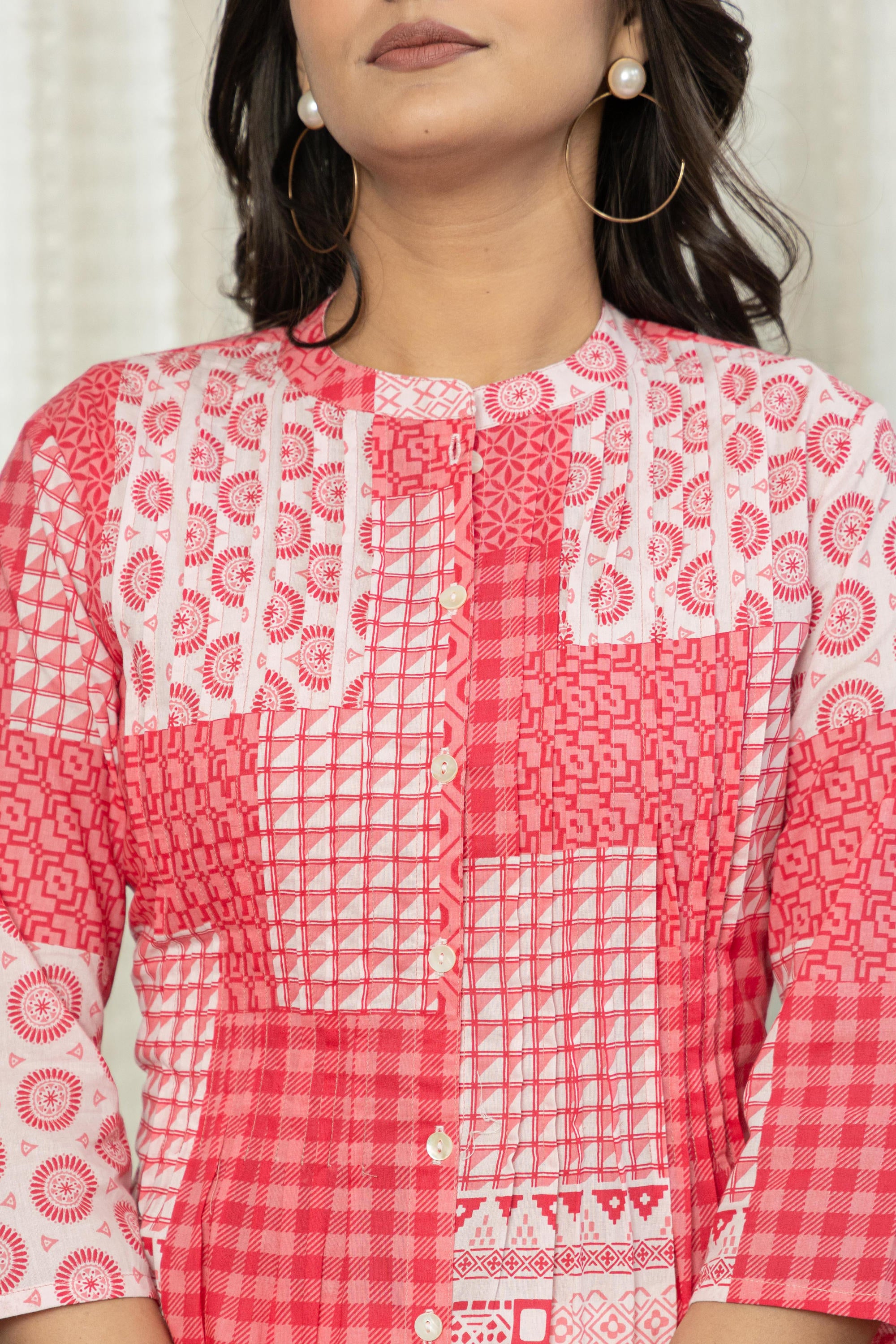 Pink Geometric Printed Cotton Tunic With Buttons