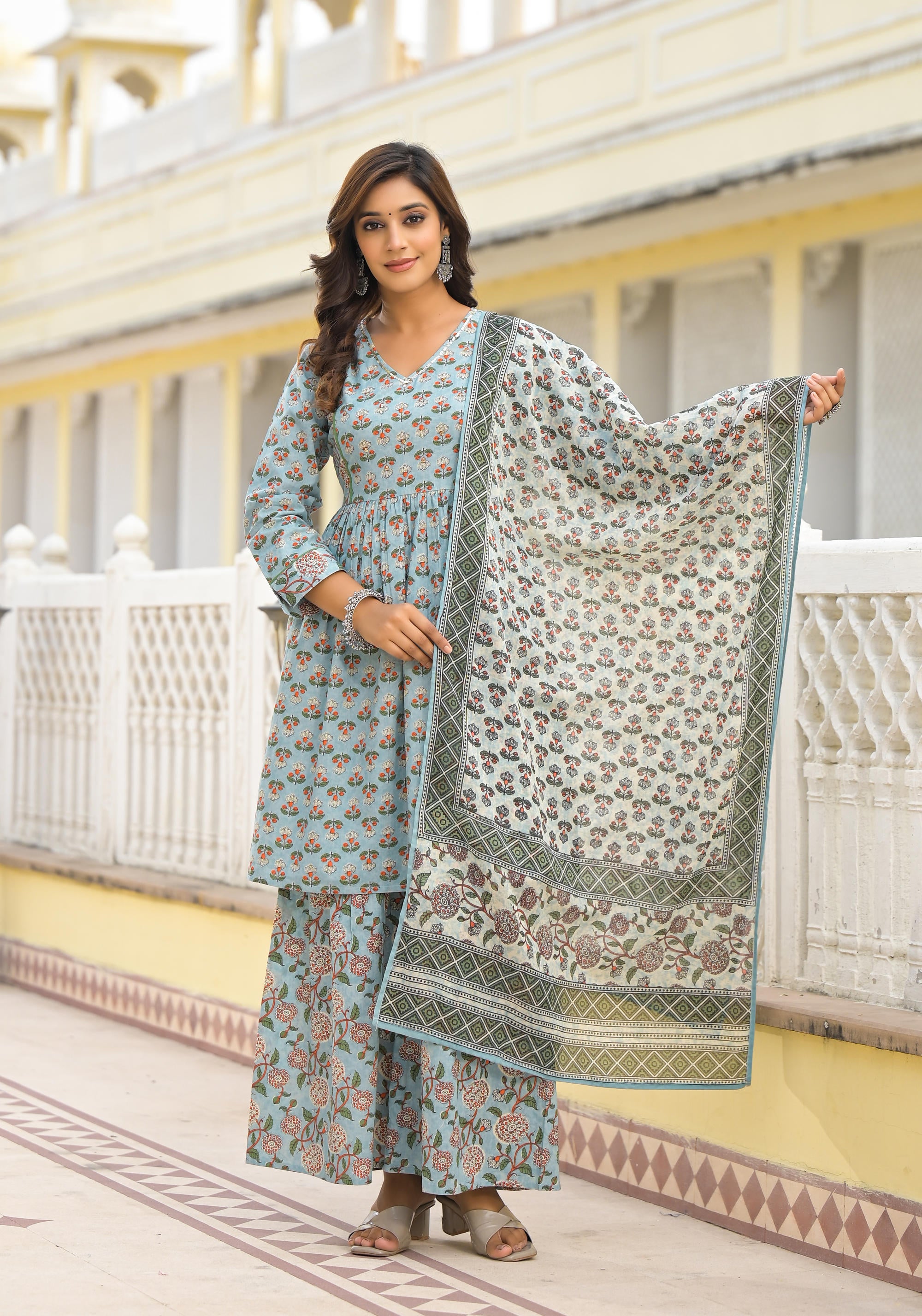 Grey Floral Printed Cotton Kurta Sharara And Dupatta Set With Sequins