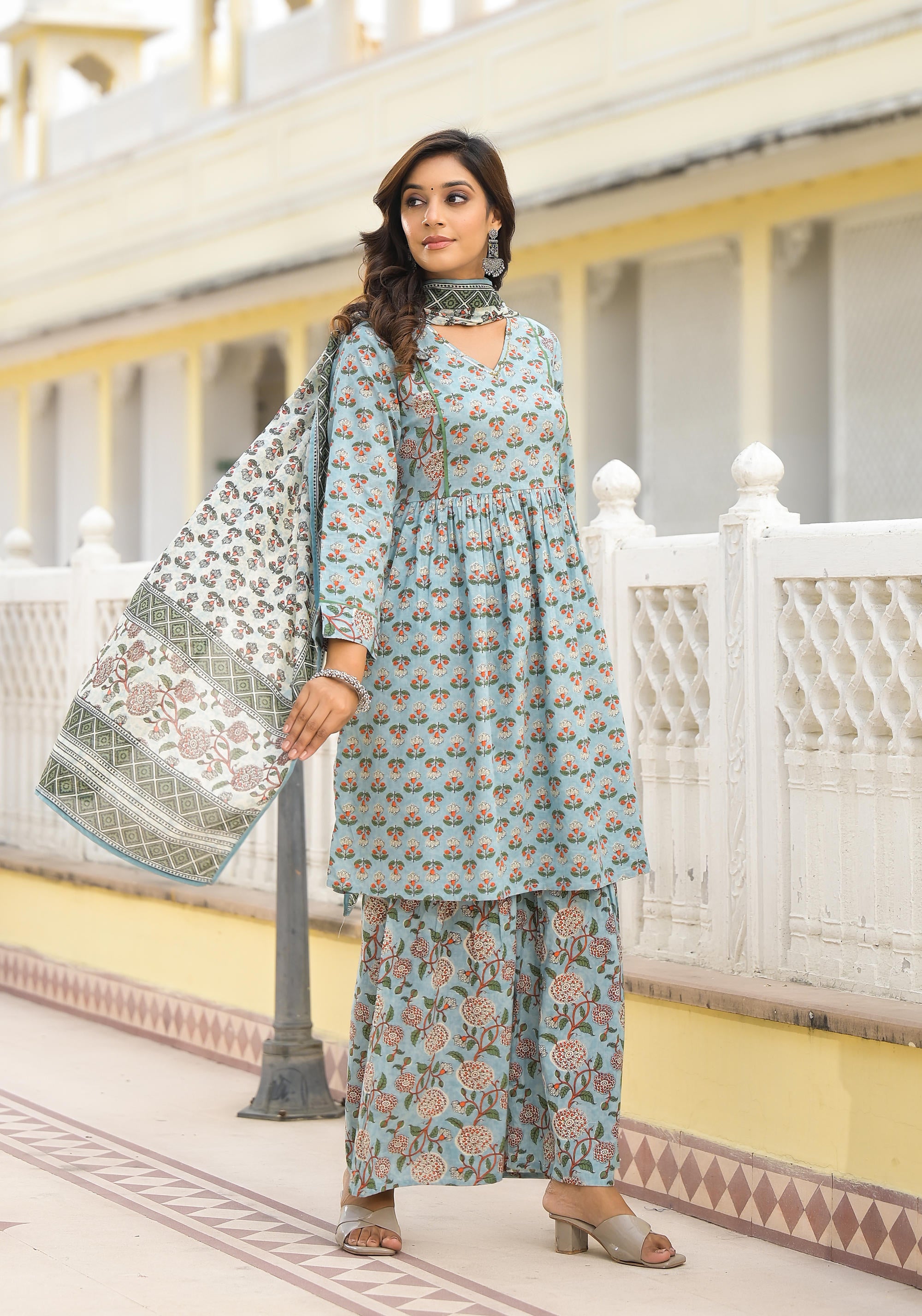 Grey Floral Printed Cotton Kurta Sharara And Dupatta Set With Sequins