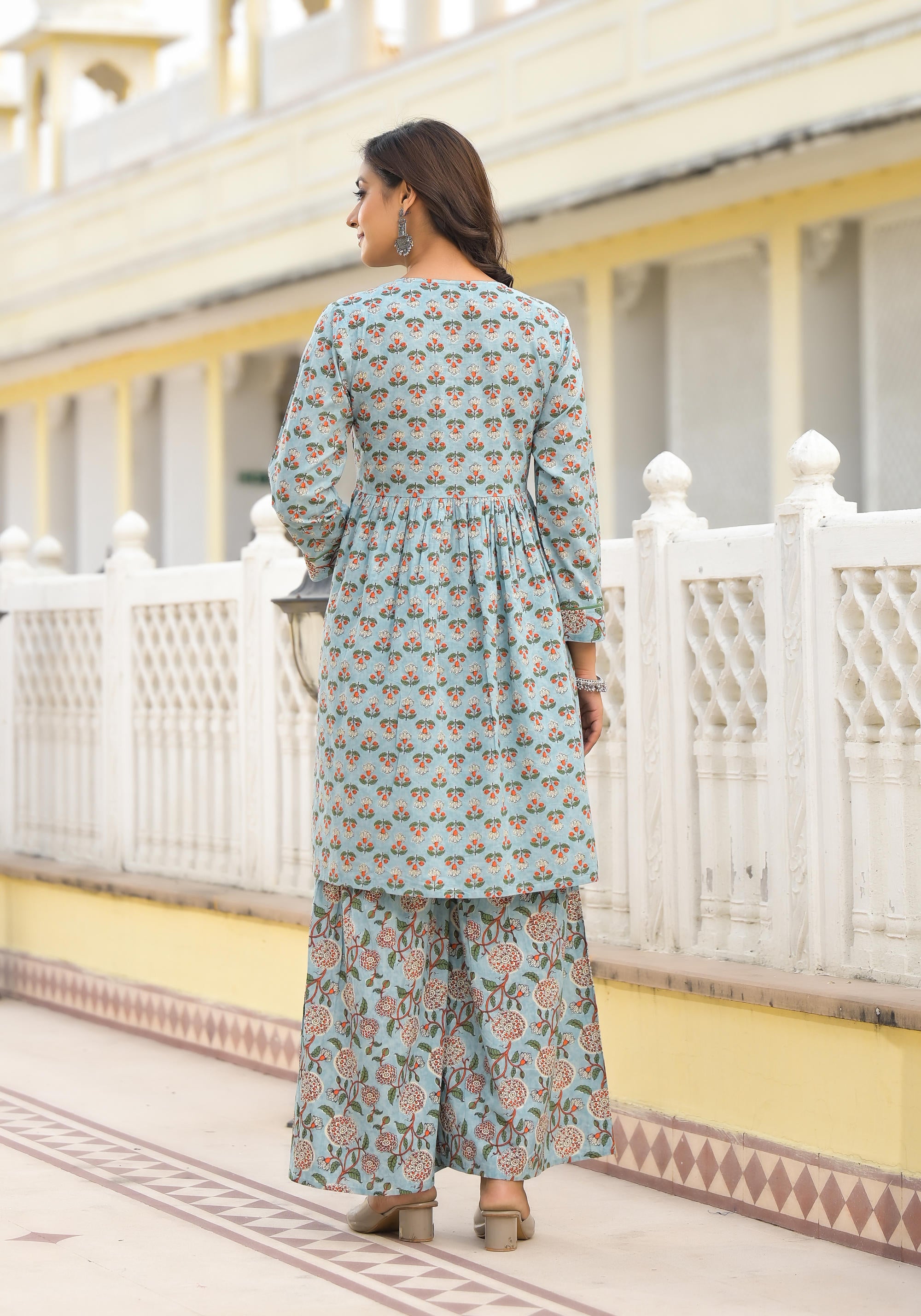 Grey Floral Printed Cotton Kurta Sharara And Dupatta Set With Sequins