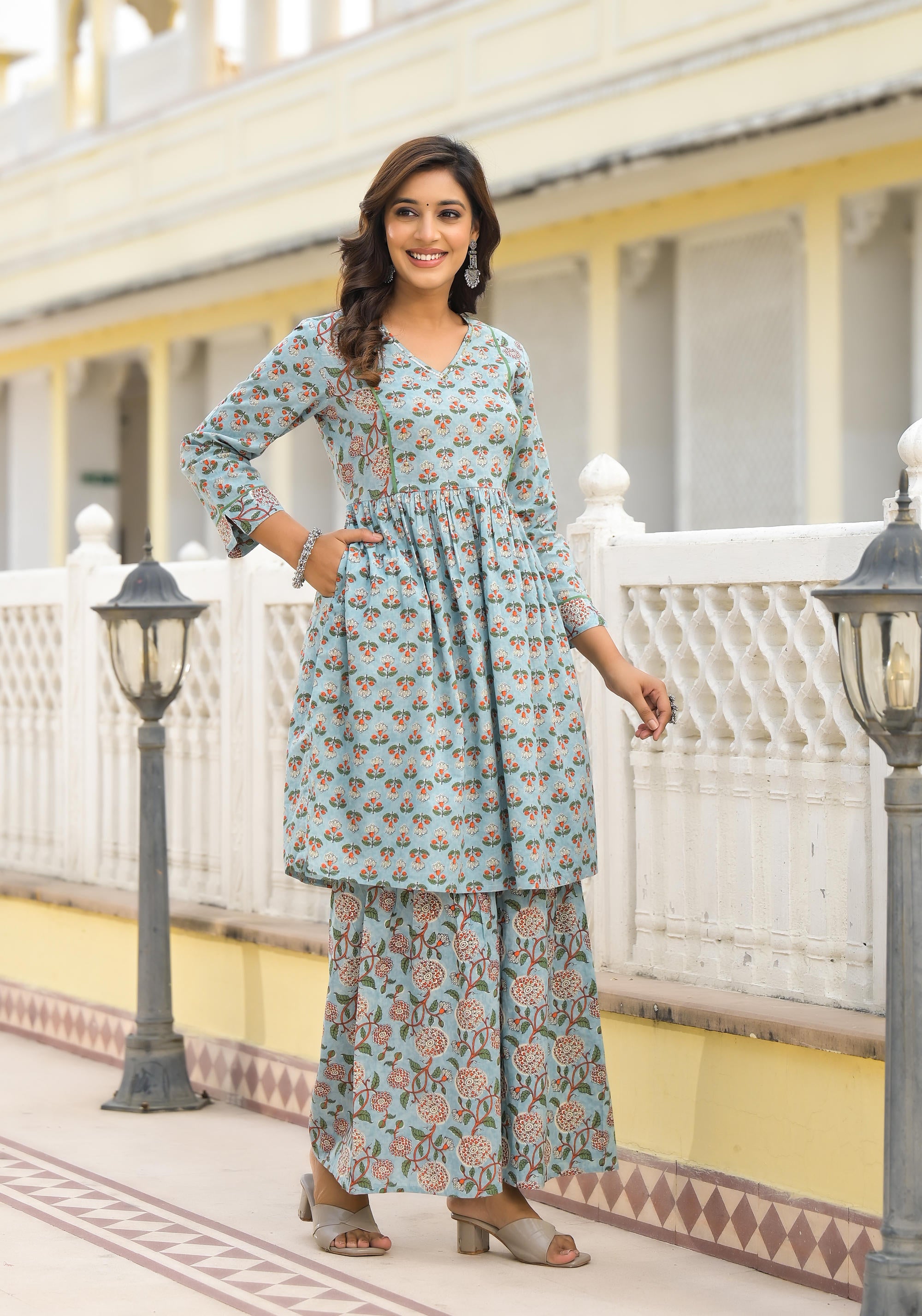 Grey Floral Printed Cotton Kurta Sharara And Dupatta Set With Sequins