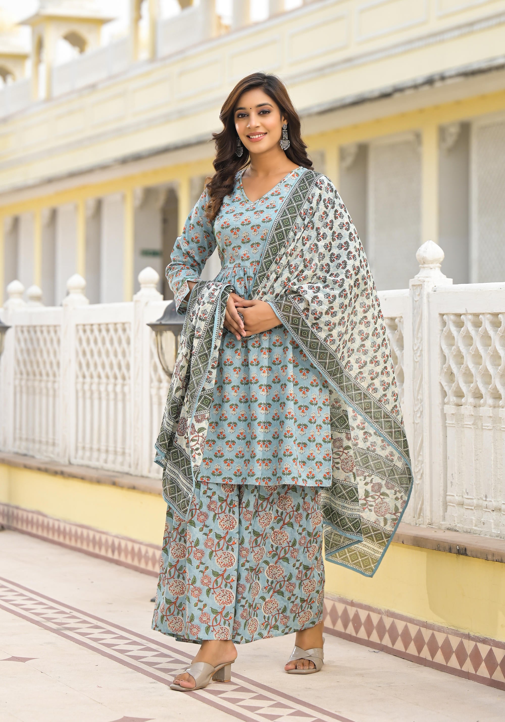 Grey Floral Printed Cotton Kurta Sharara And Dupatta Set With Sequins