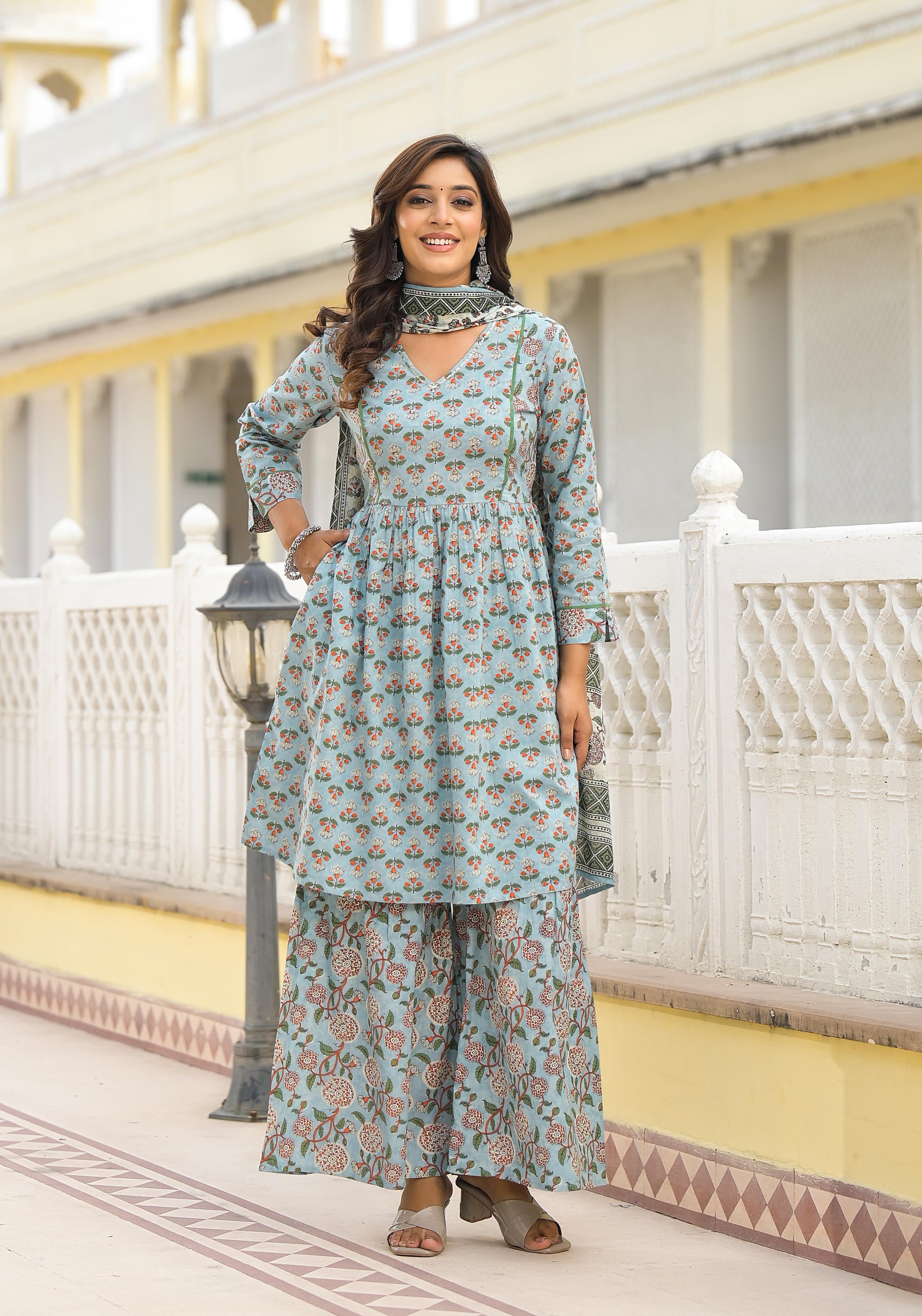 Grey Floral Printed Cotton Kurta Sharara And Dupatta Set With Sequins