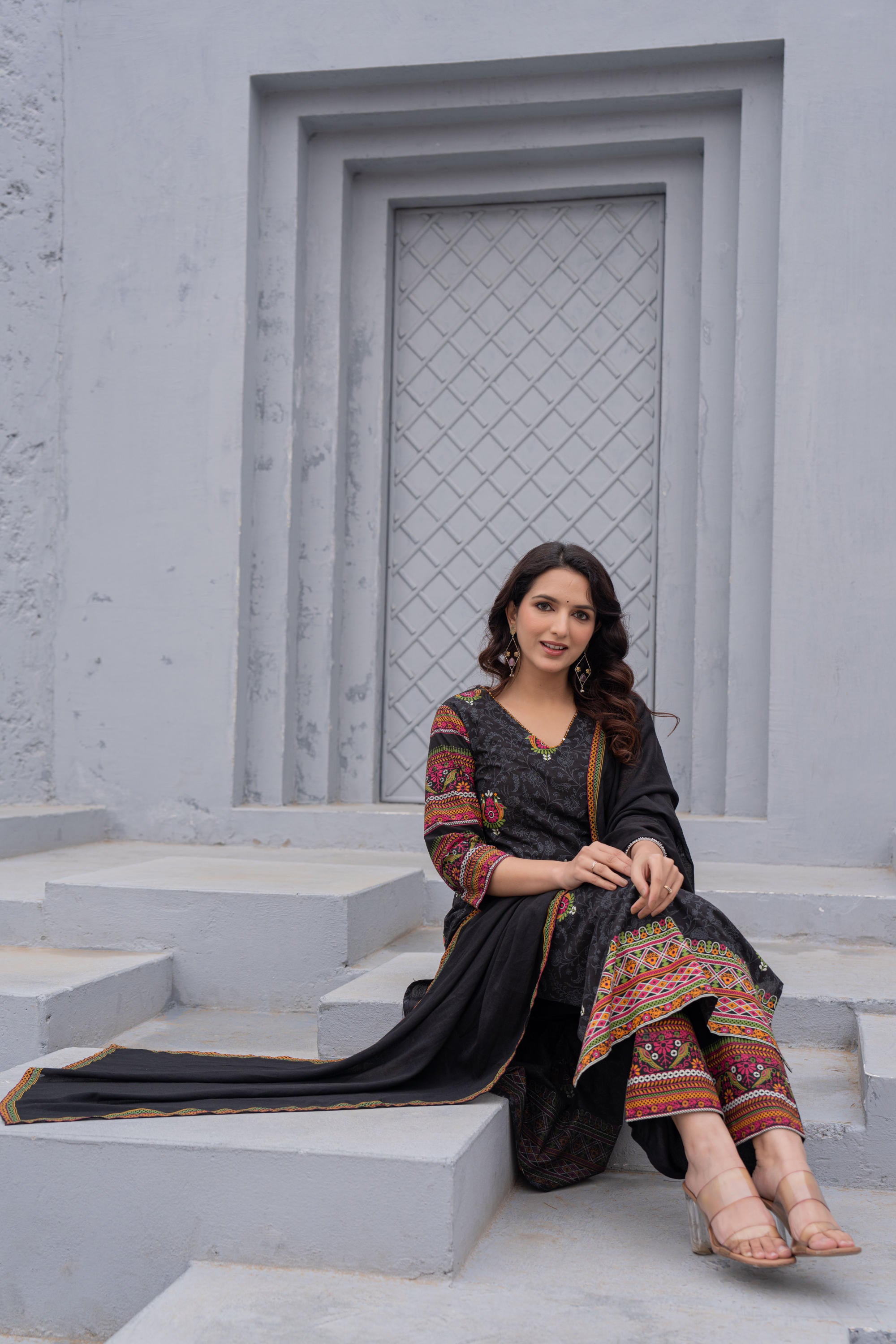 Black Floral Printed Cotton Kurta Set With Thread Work & Sequins