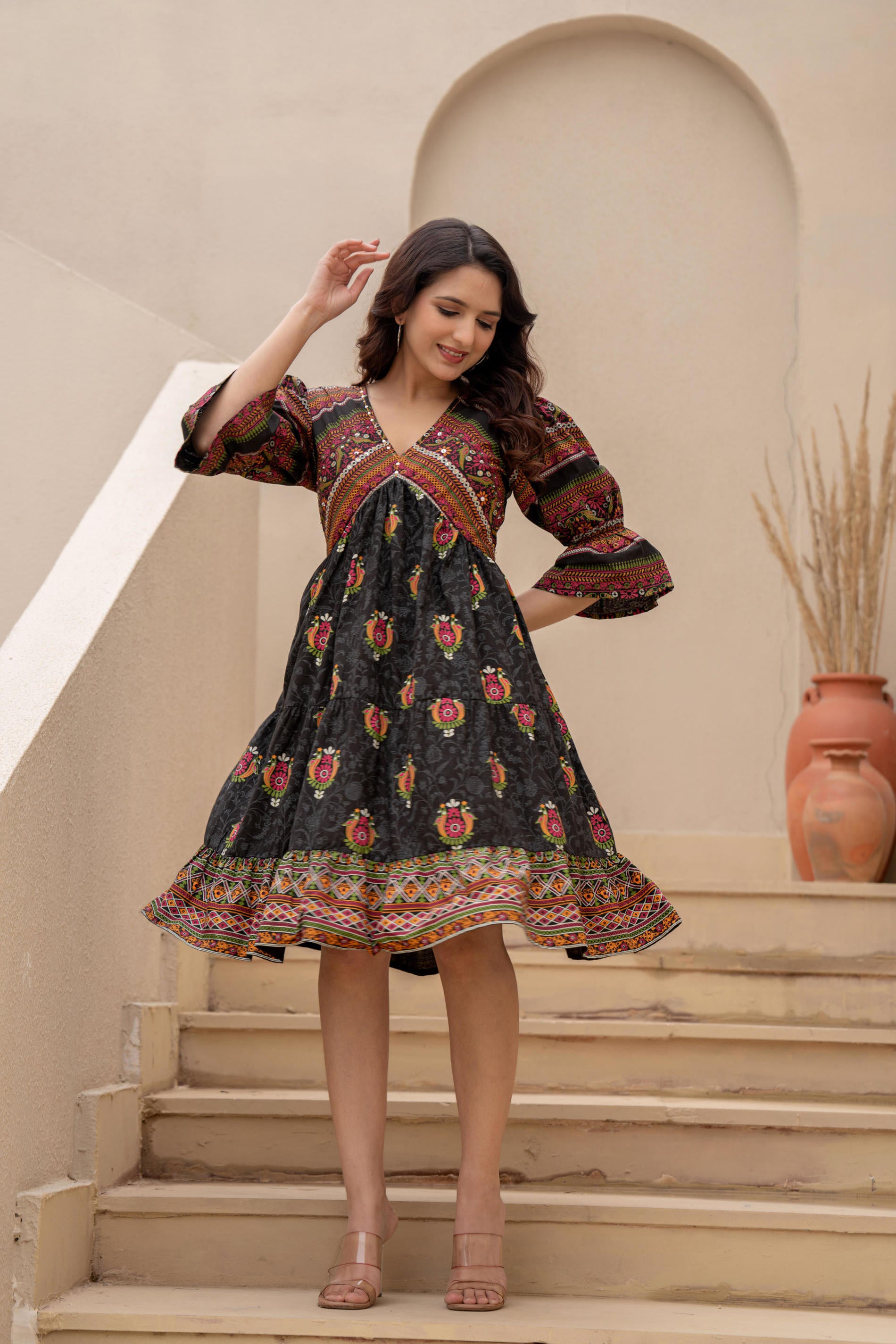 Black Printed Fit & Flare Dress with Tribal Border