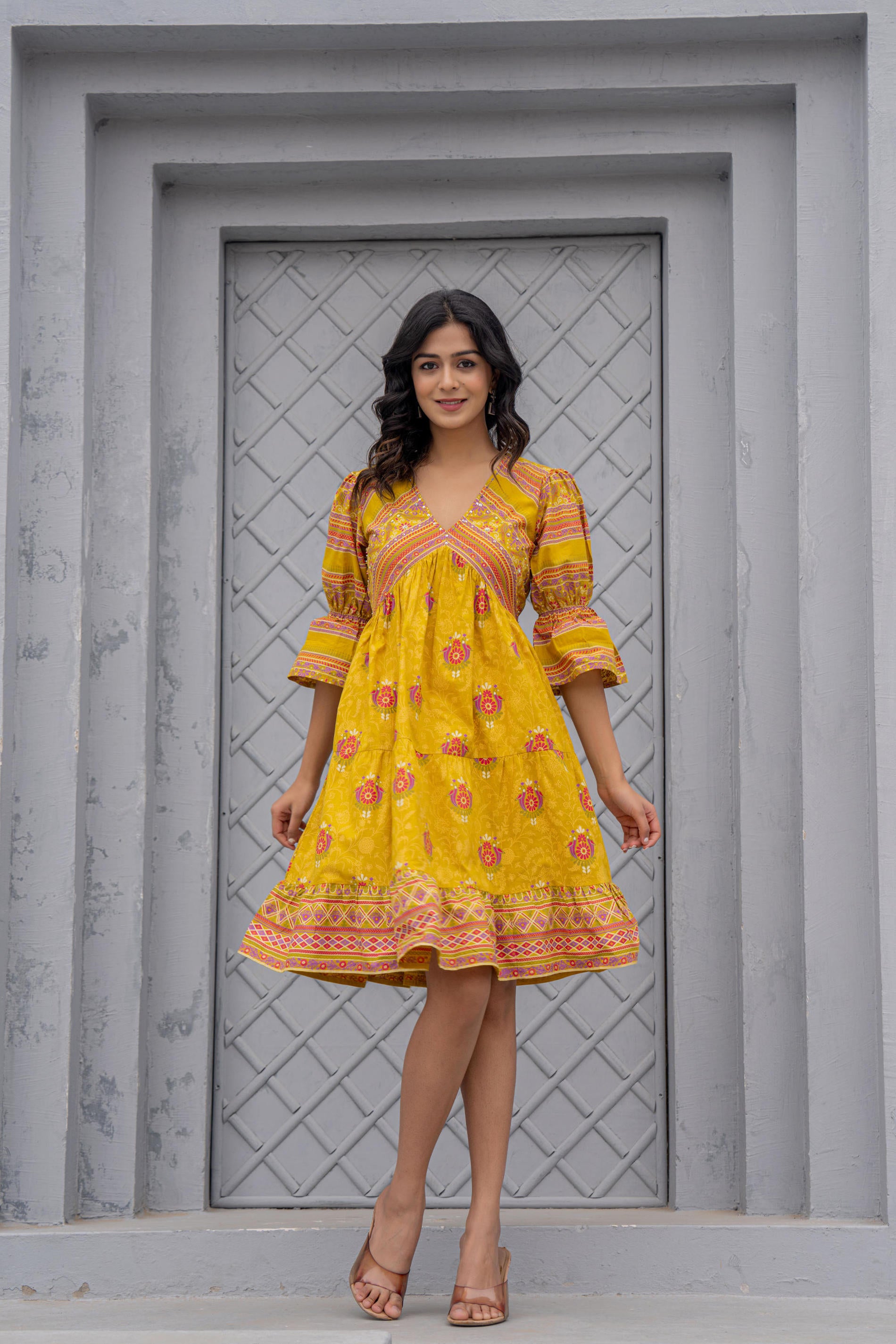 Mustard Printed Fit & Flare Dress with Tribal Border