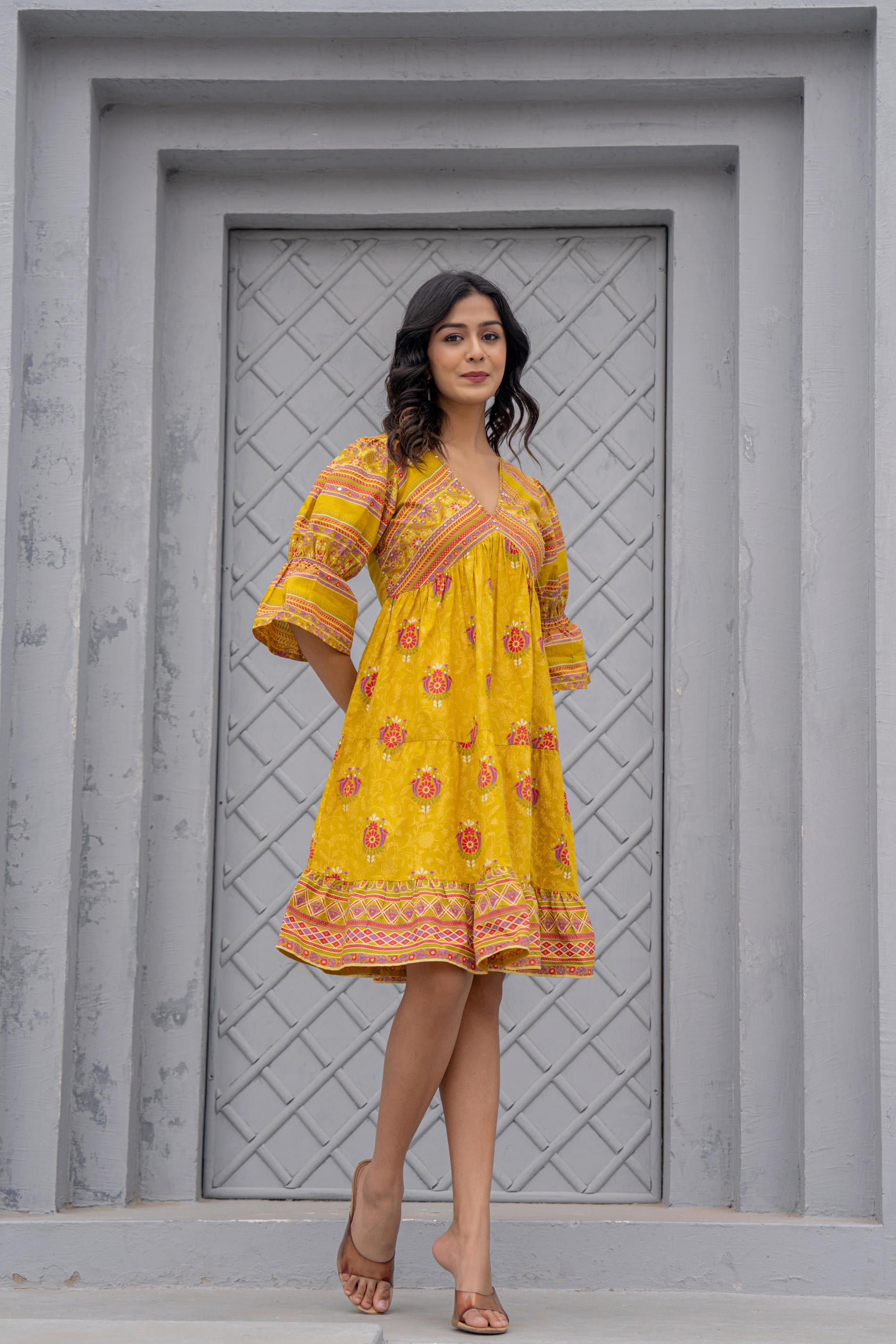 Mustard Printed Fit & Flare Dress with Tribal Border