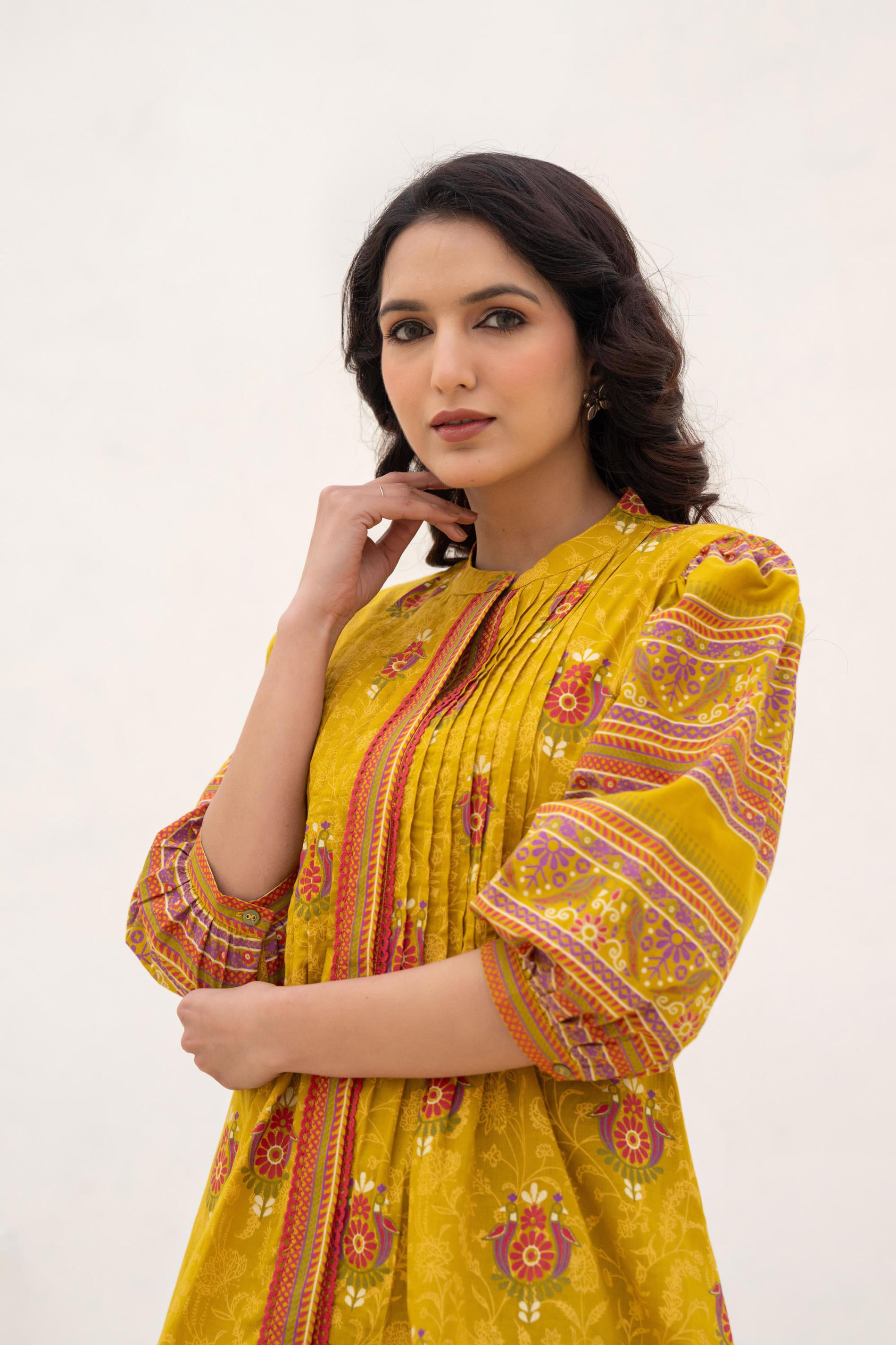 Mustard Printed Pleated Tunic with Puff Sleeves