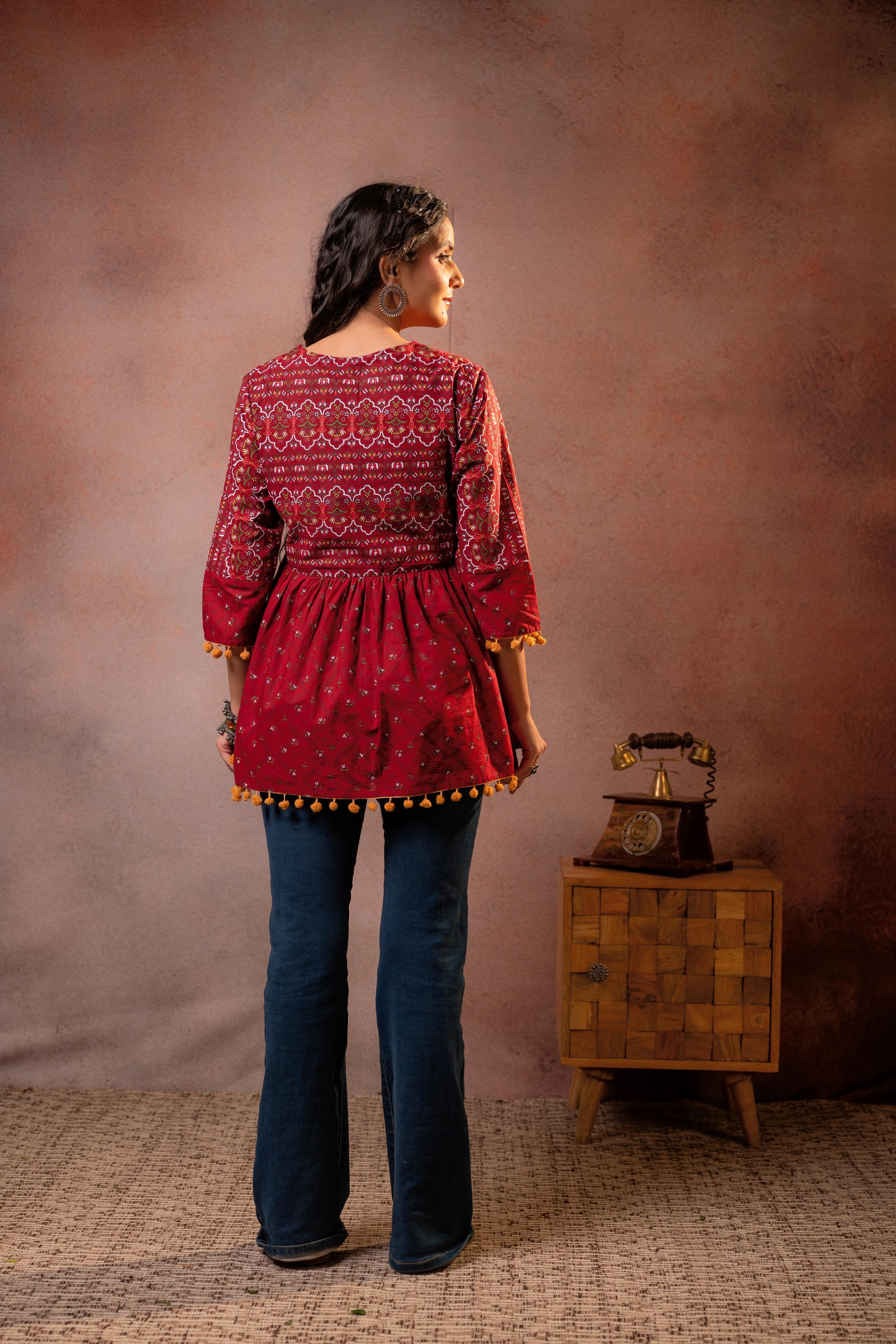 Rust Red Maroon Printed Ethnic Tunic with Tassel,pompom Details