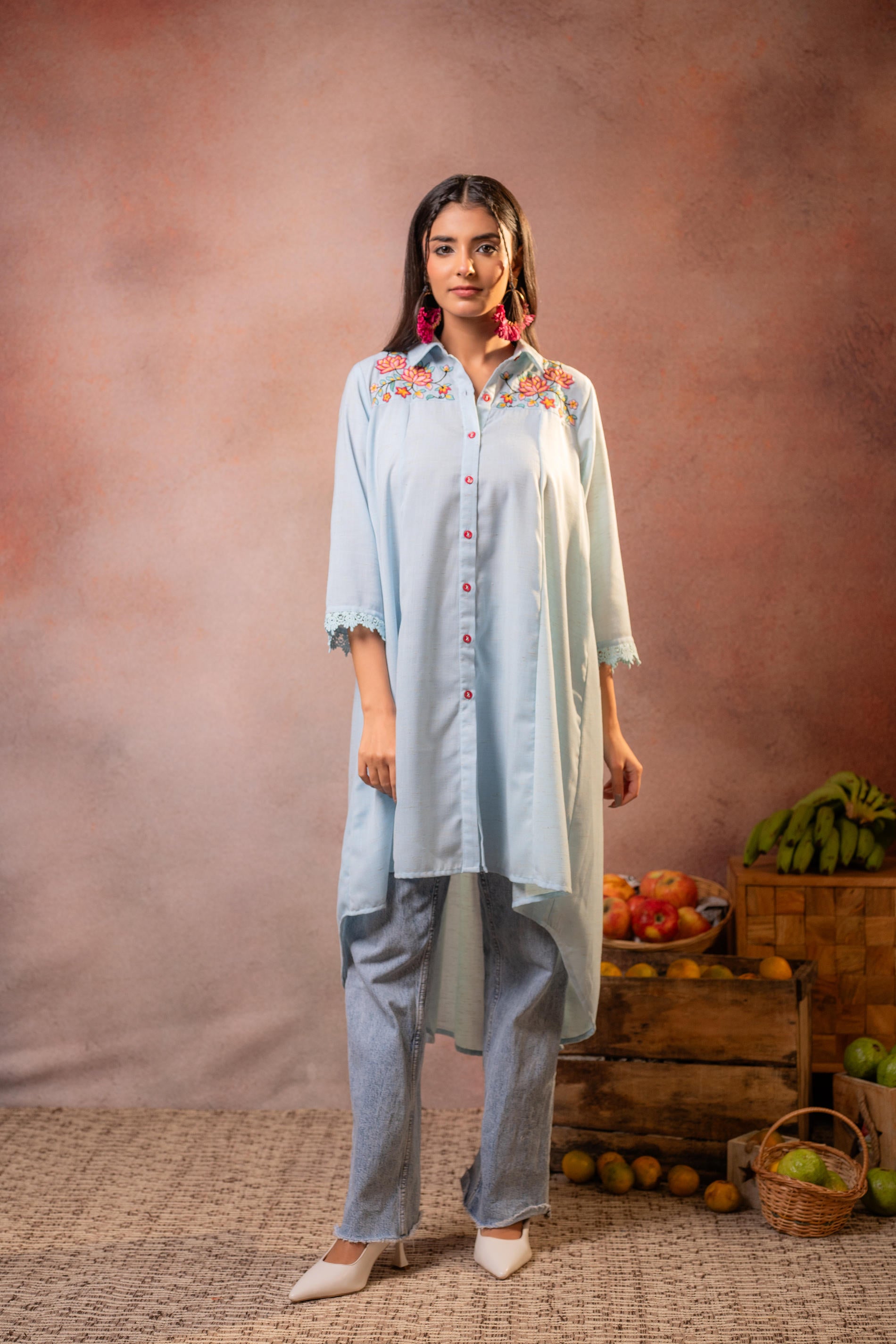 Meadow PowderBlue Bloom Embroidered Shirt Kurta