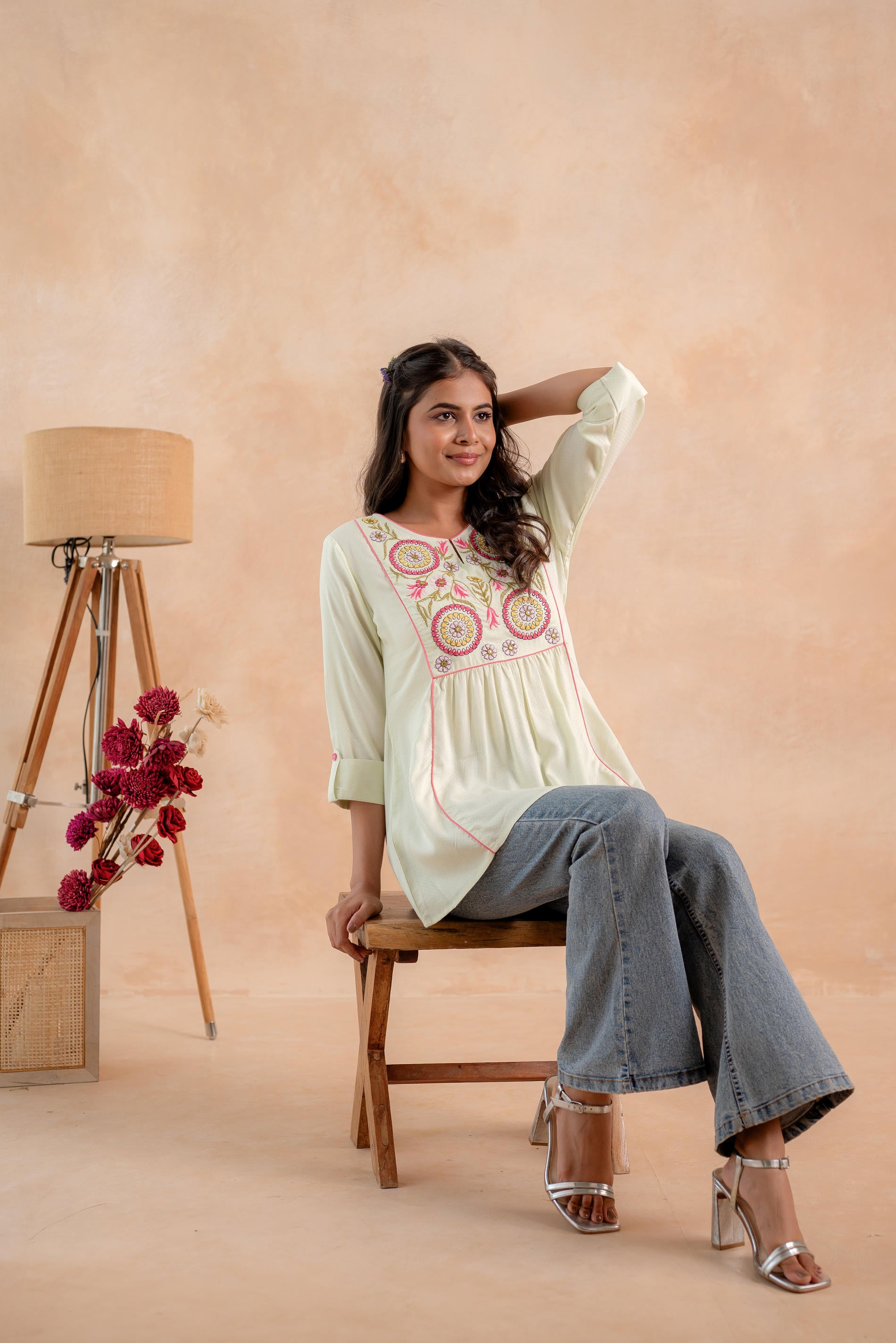 Pistagreen Printed Yoke Flared Ethnic Tunic