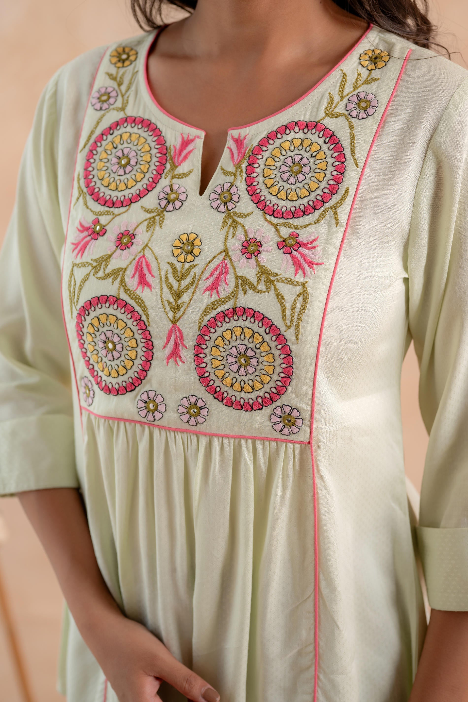 Pistagreen Printed Yoke Flared Ethnic Tunic