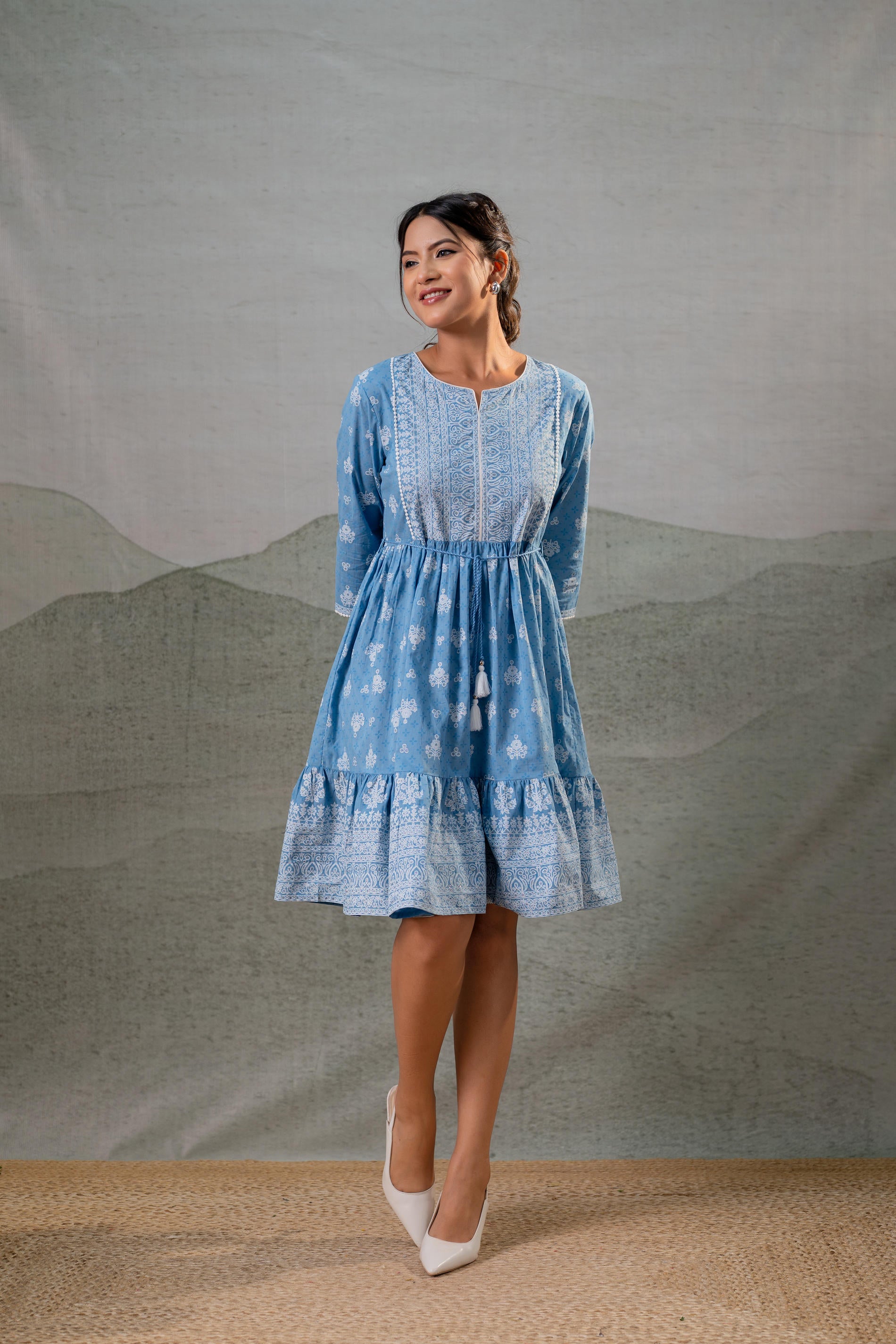 Powder Blue Aura Handblock Flare Dress