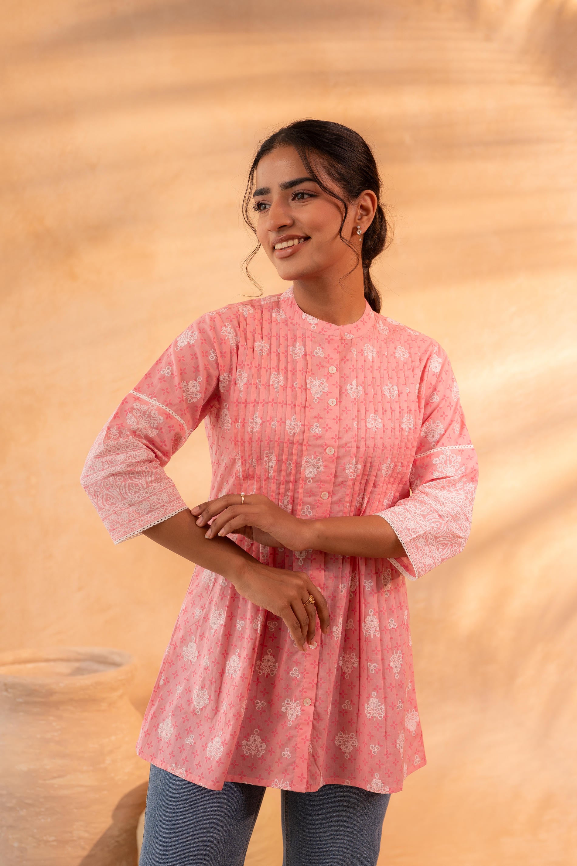Baby Pink Floral Buti Printed Cotton Tunic