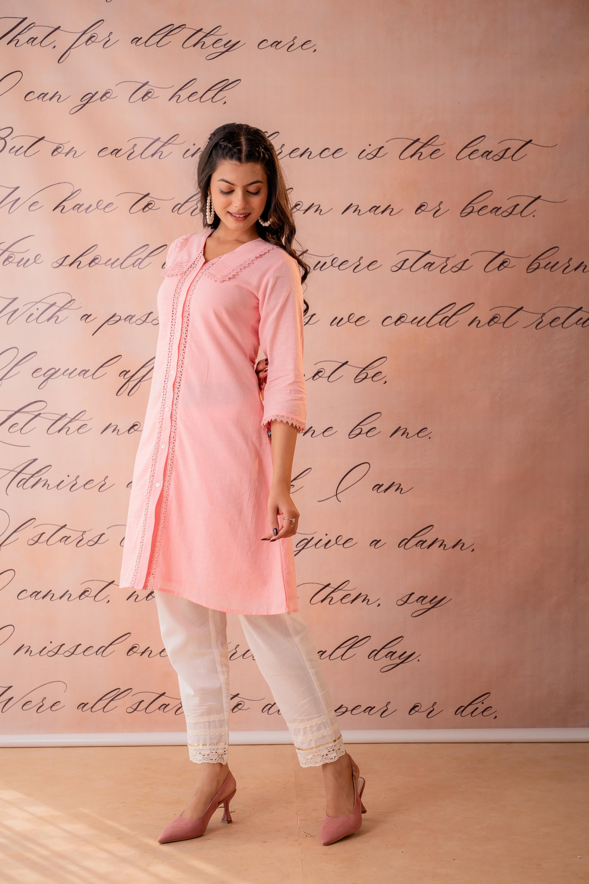 BabyPink Lace-Detailed  Kurta