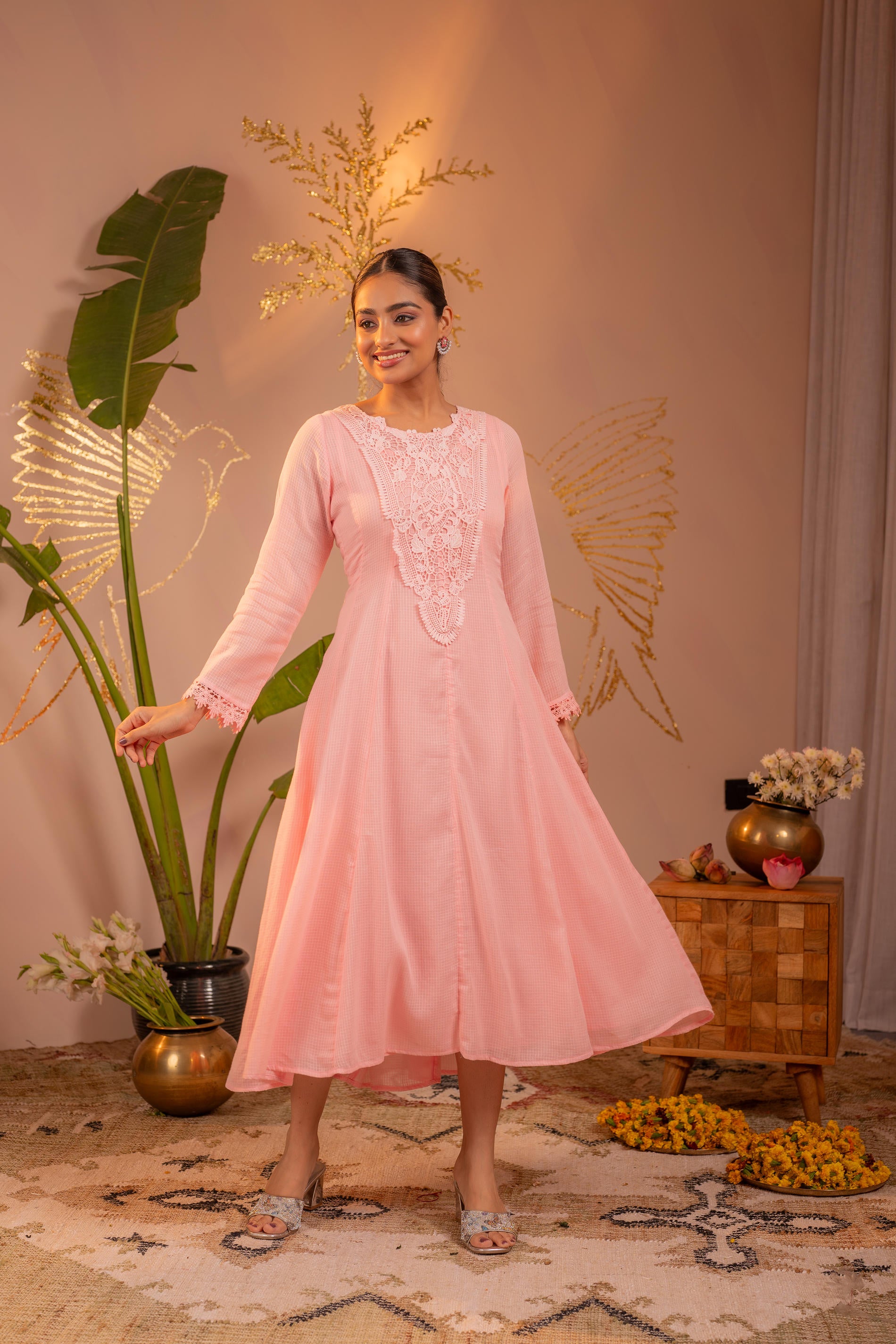 Gulnaar  Peach Blush Lace PatchWork Anarkali Kurta