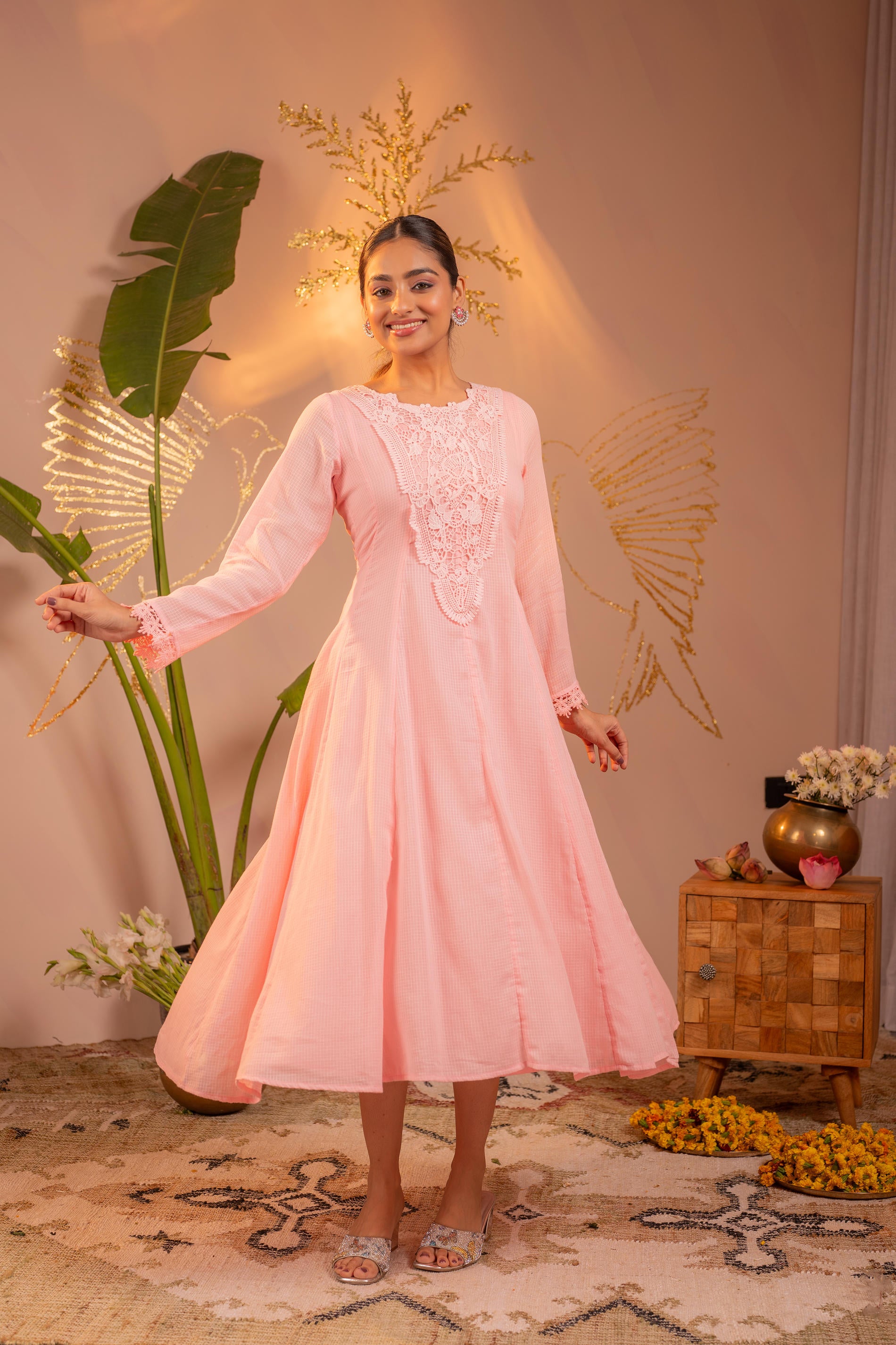 Gulnaar  Peach Blush Lace PatchWork Anarkali Kurta