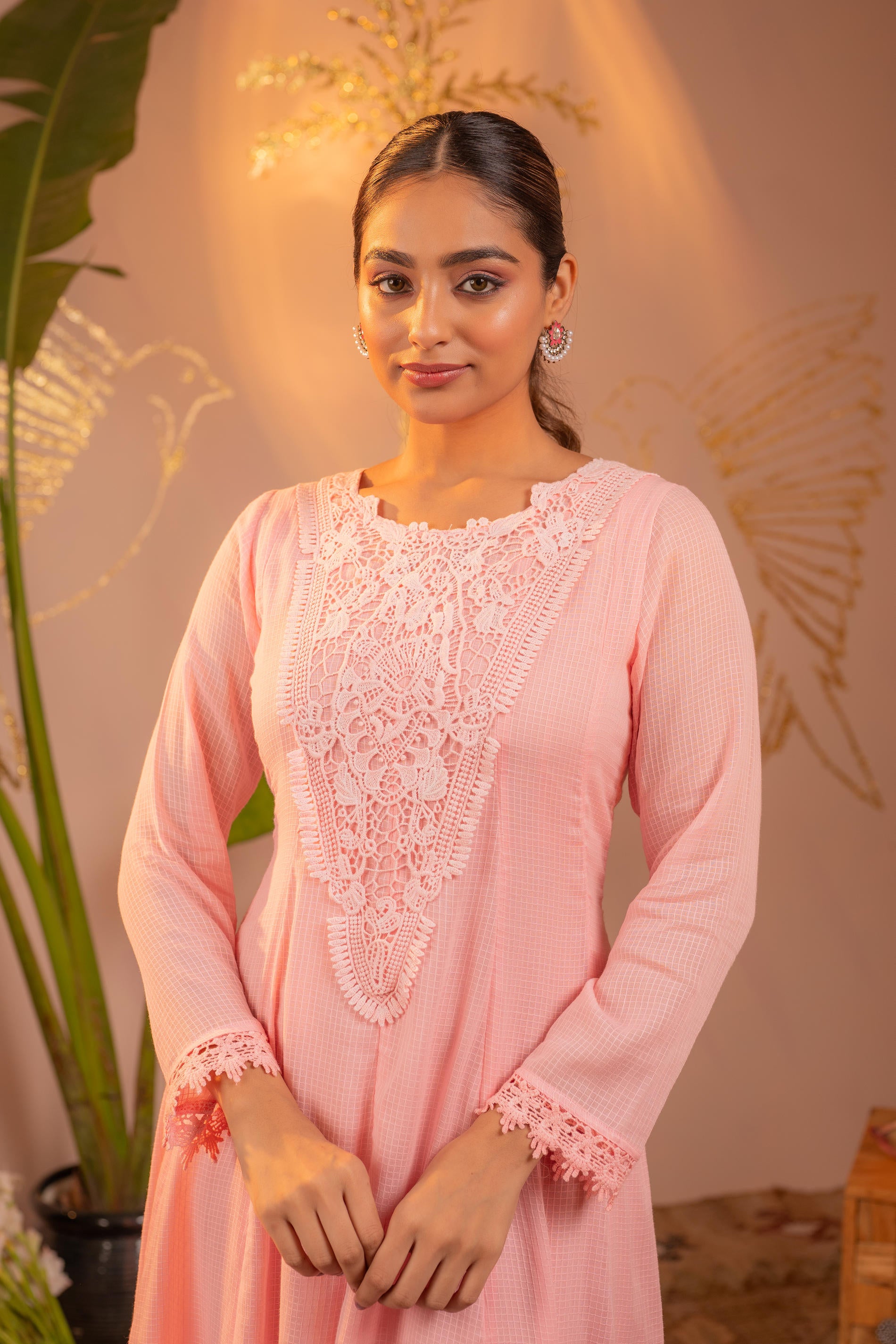 Gulnaar  Peach Blush Lace PatchWork Anarkali Kurta
