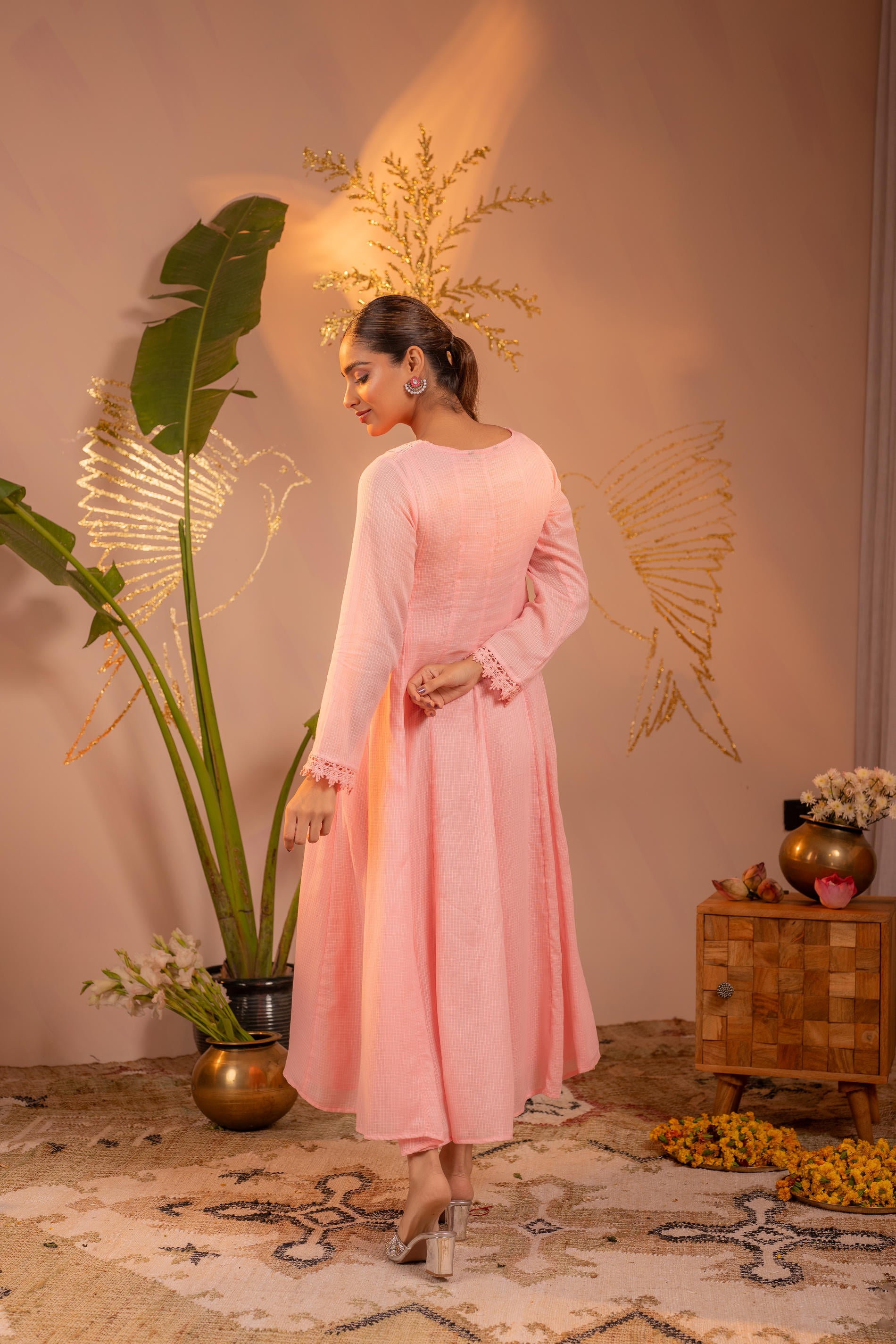 Gulnaar  Peach Blush Lace PatchWork Anarkali Kurta