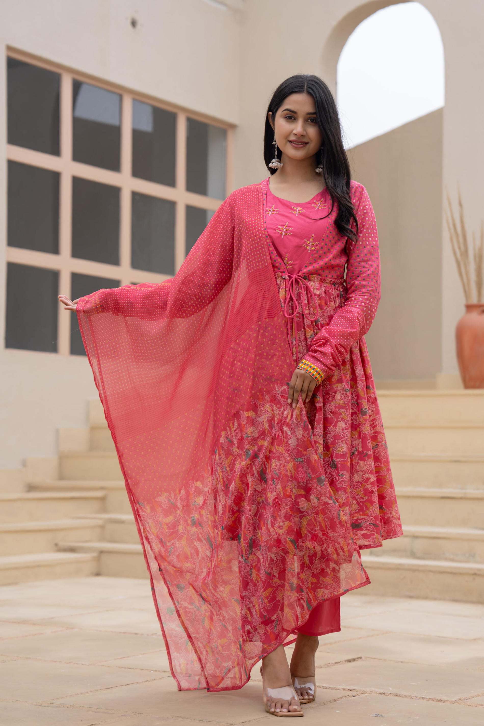 Fuchsia Embroidered & Printed Layered Dress Set with Dupatta