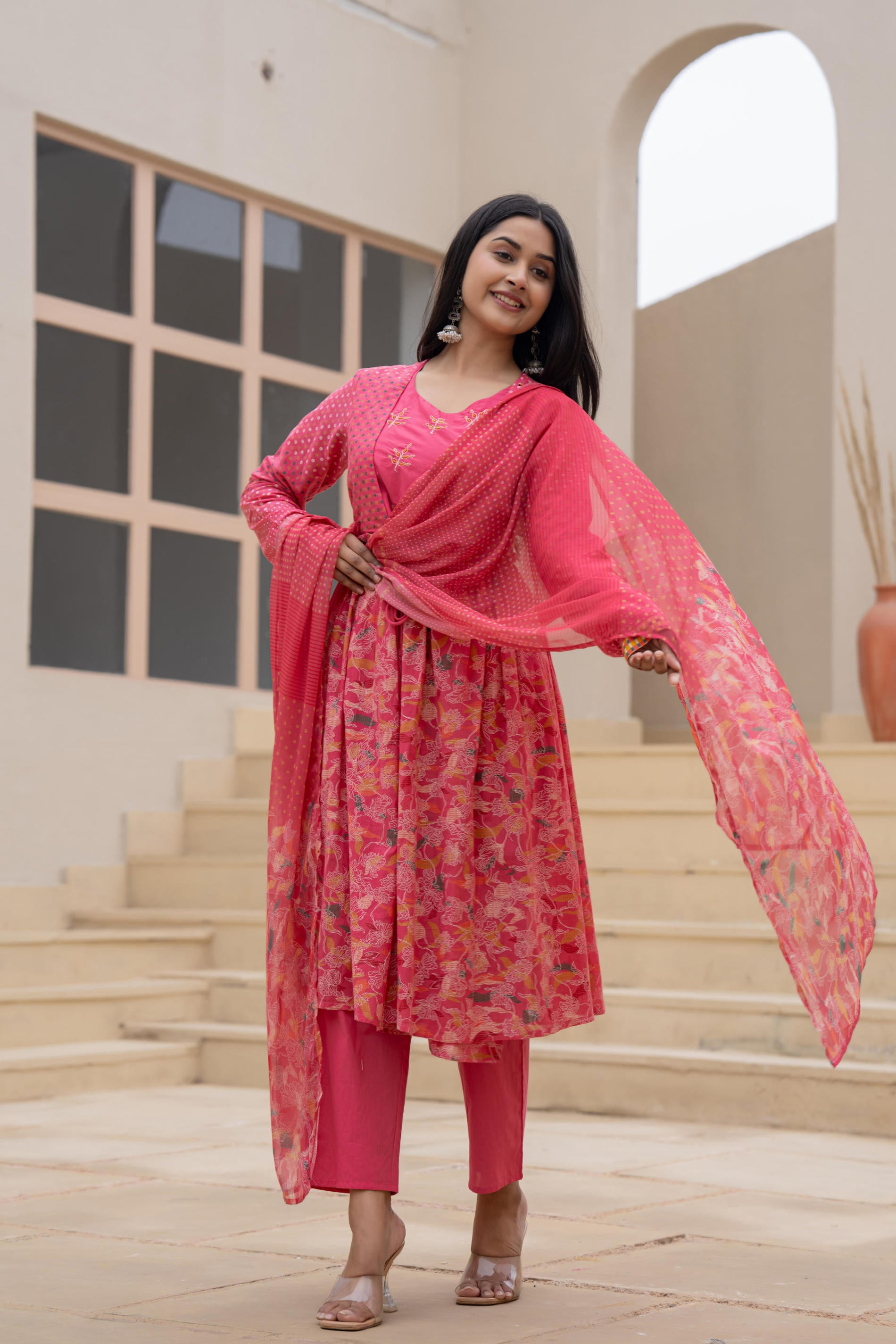Fuchsia Embroidered & Printed Layered Dress Set with Dupatta
