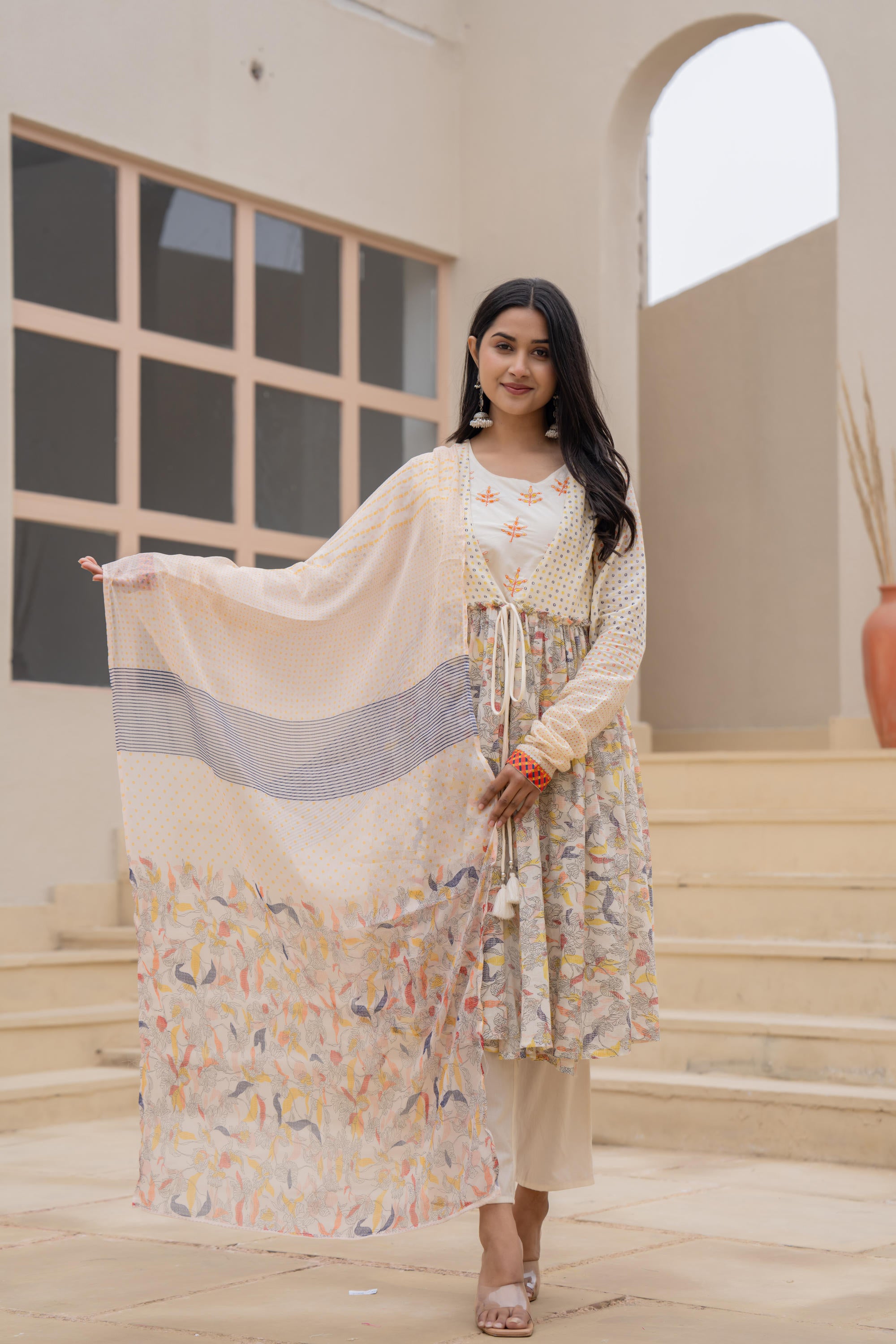 Ivory Embroidered & Printed Layered Dress Set with Dupatta