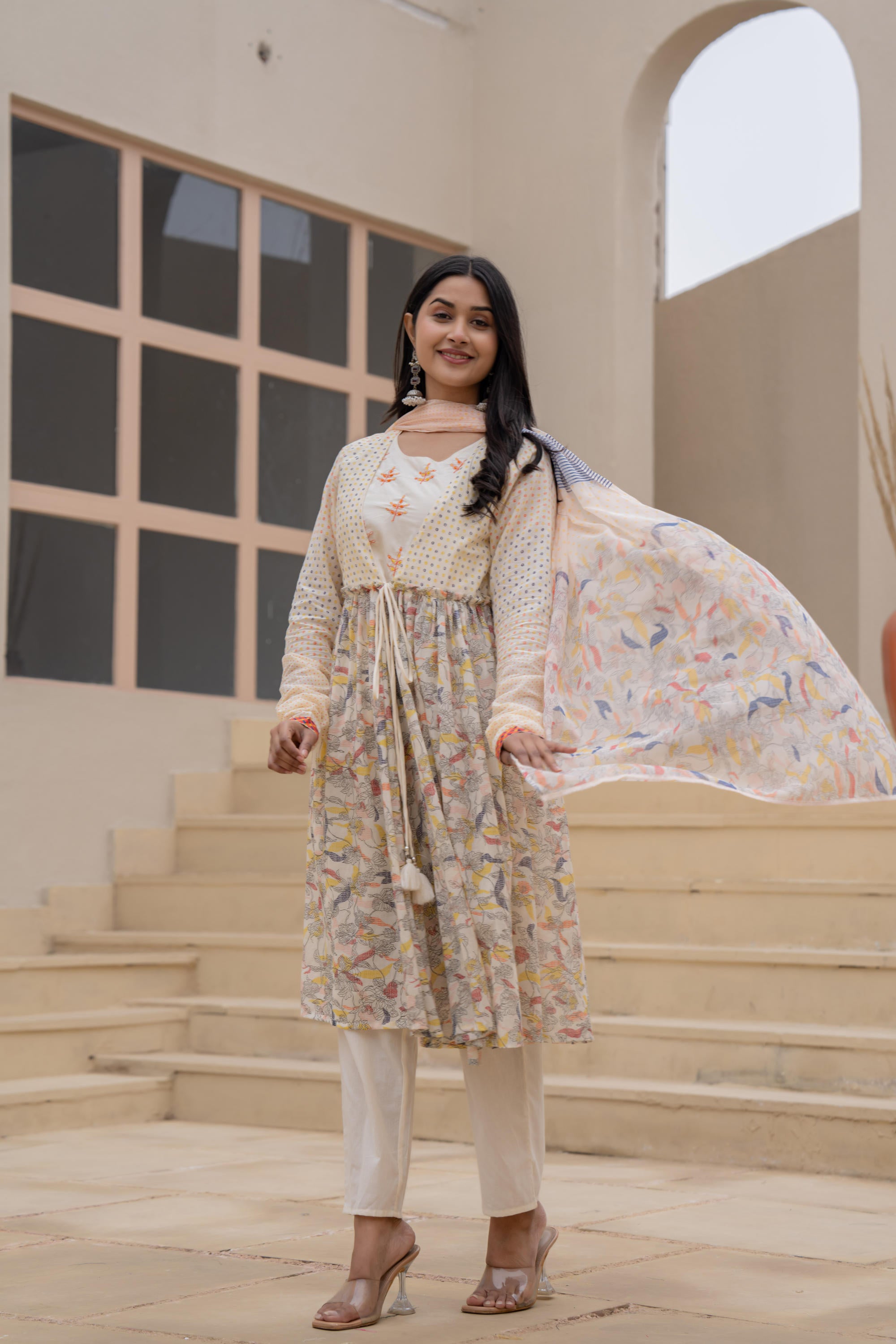 Ivory Embroidered & Printed Layered Dress Set with Dupatta