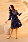 Blue Embroidered Viscose Tiered Short Dress
