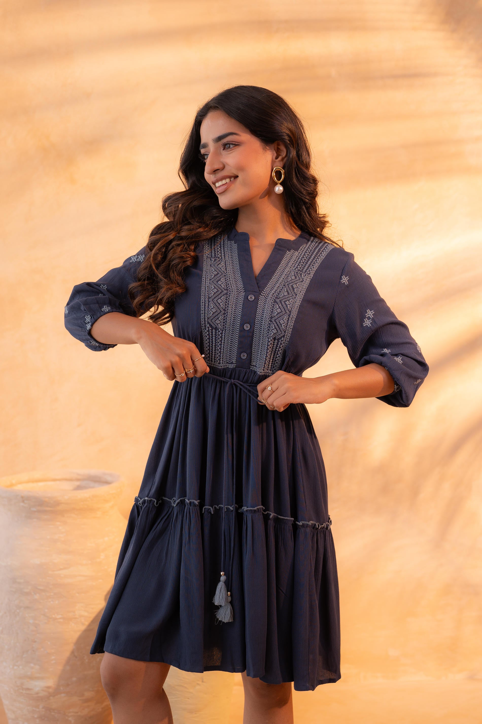 Blue Embroidered Viscose Tiered Short Dress