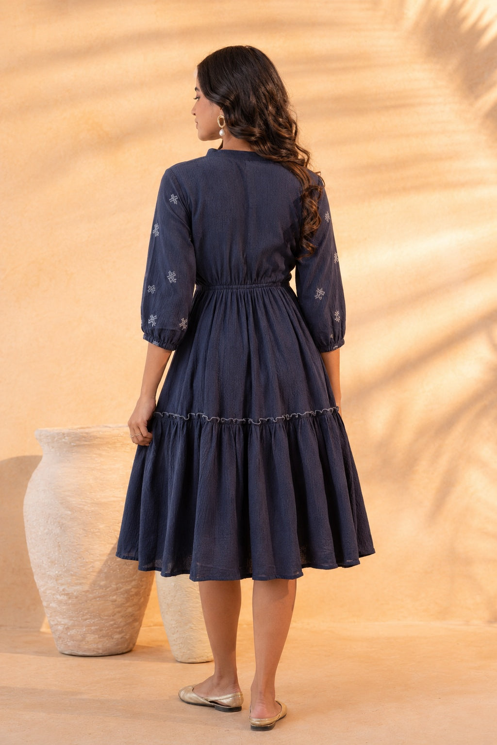 Blue Embroidered Viscose Tiered Short Dress
