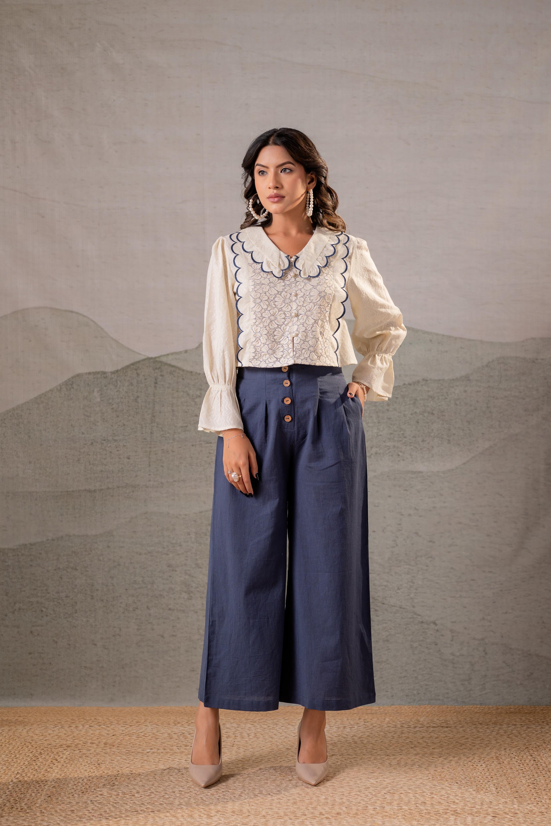 Off-White Scallop Bloom Top with Navy Tailored Pants