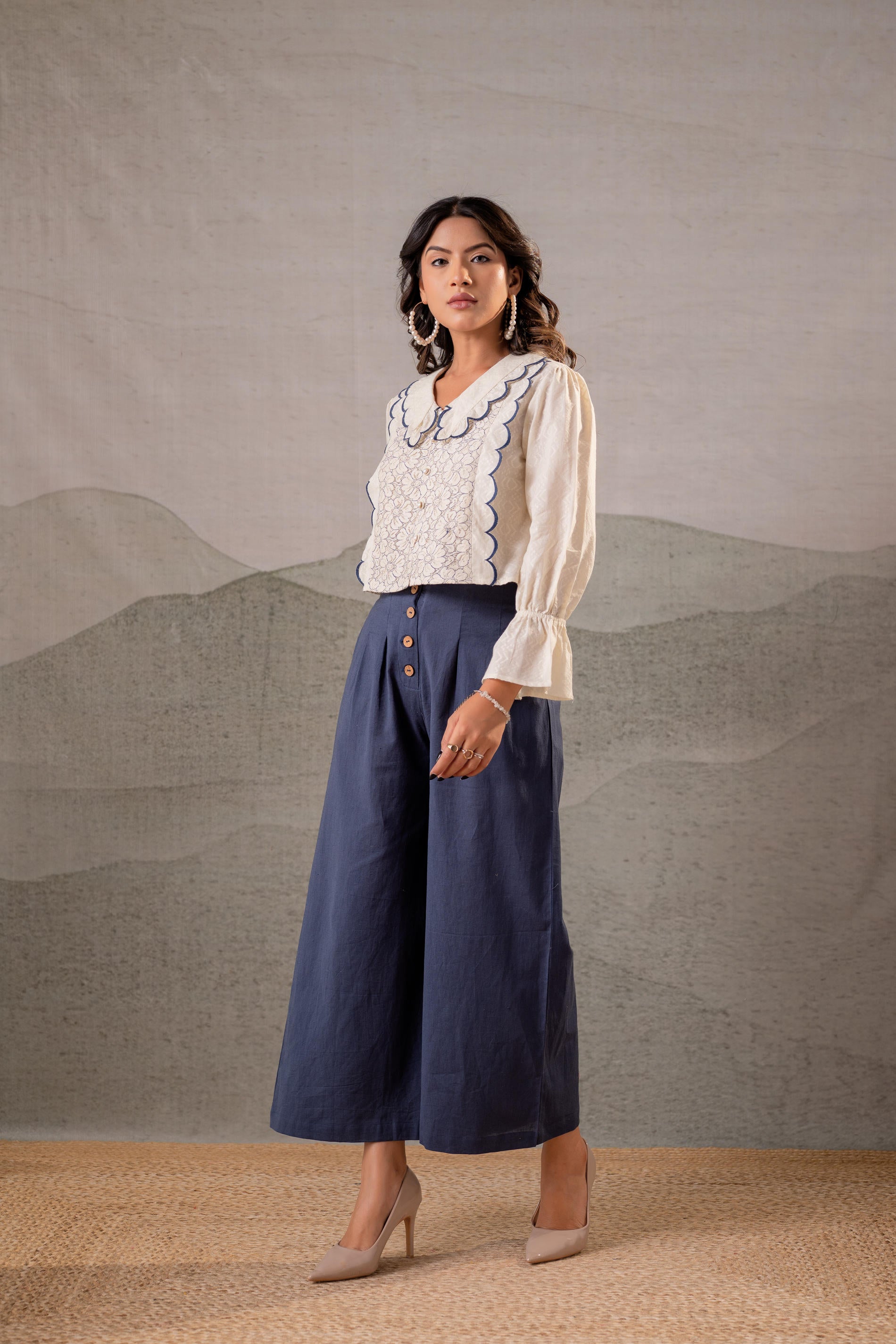 Off-White Scallop Bloom Top with Navy Tailored Pants