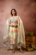 Pistachio Green Floral Printed Anarkali Kurta Set with Coordinated Dupatta